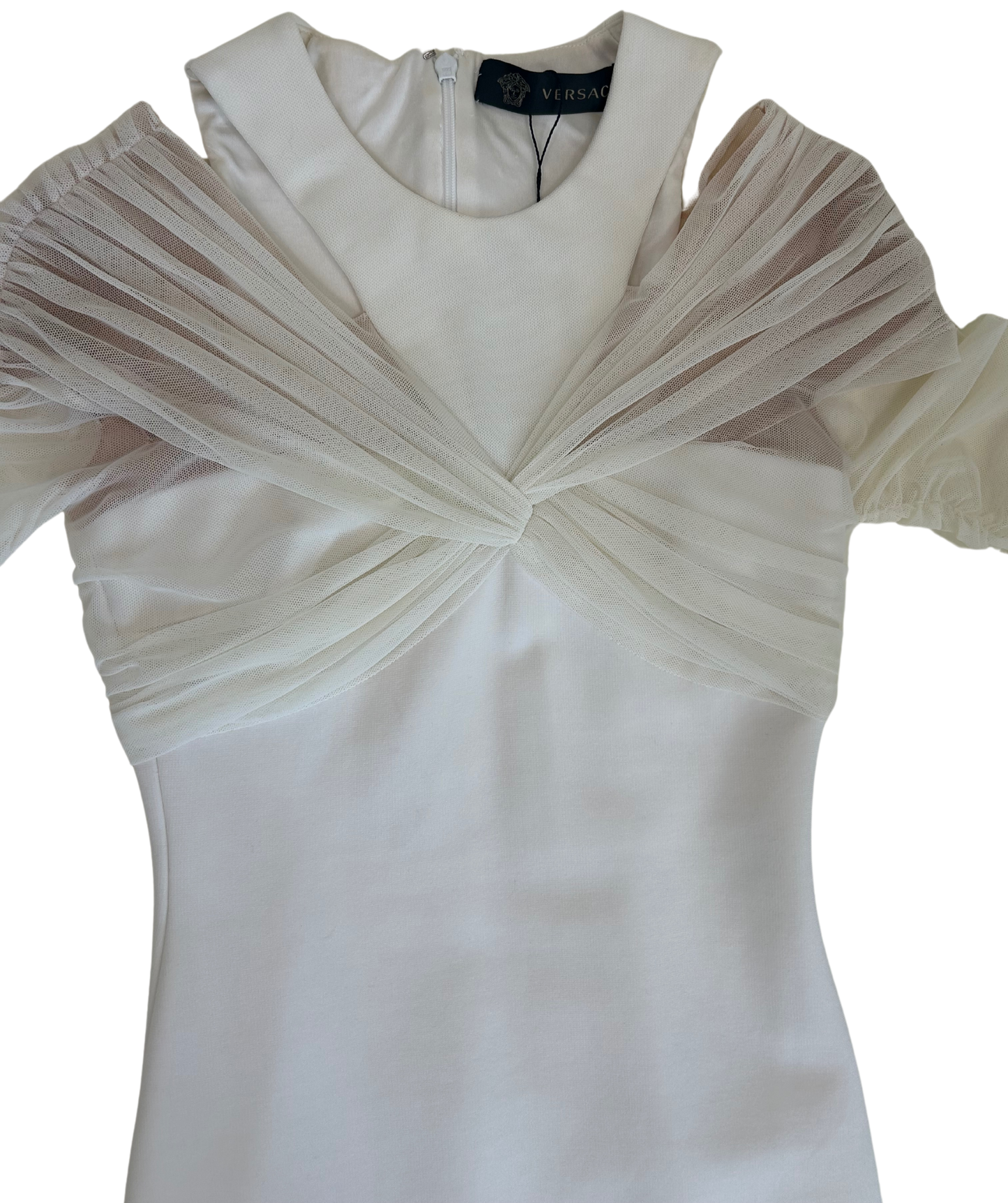 Versace White Stretch Knit Mini Dress with Sheer Ruched Tulle Sleeves - Resort 2014