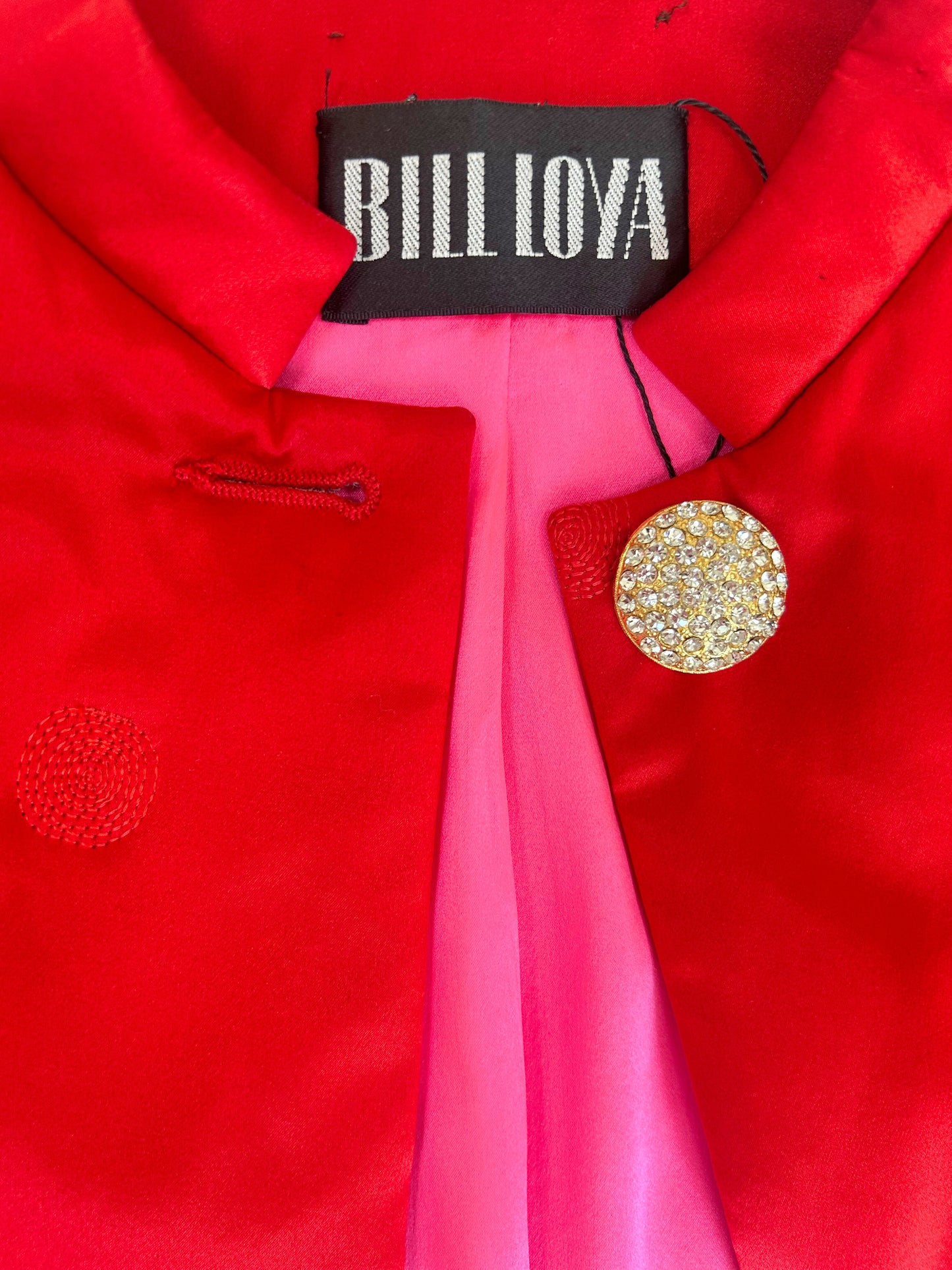 Vintage Bill Loya Cherry Red Silk Embroidered Jacket with Hot Pink Lining – 1980s