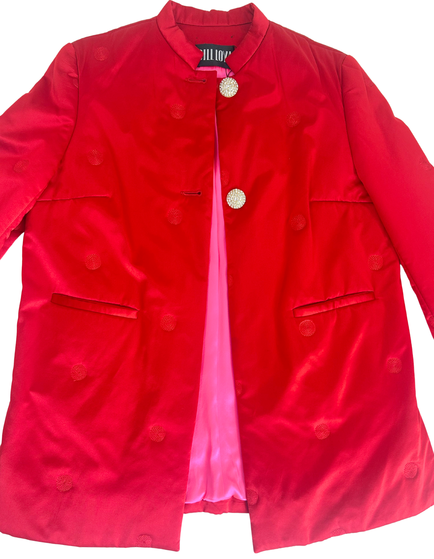 Vintage Bill Loya Cherry Red Silk Embroidered Jacket with Hot Pink Lining – 1980s