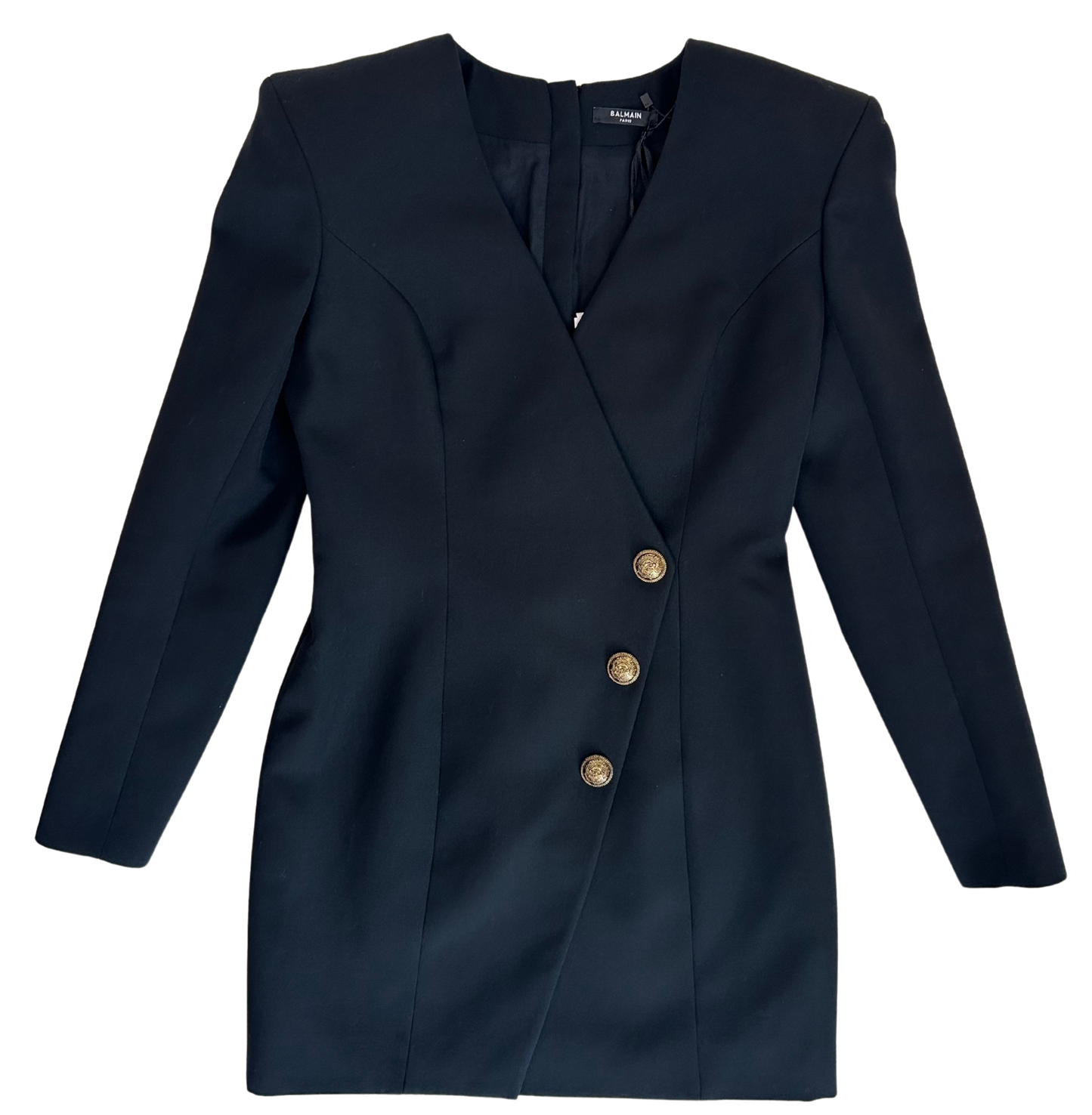 Balmain Black Wool Gold Logo Button Mini Dress