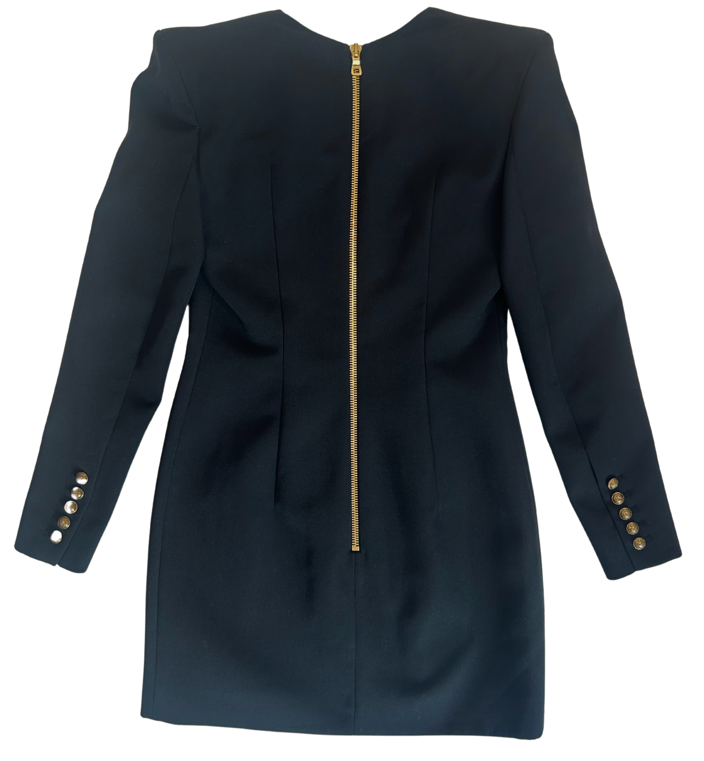 Balmain Black Wool Gold Logo Button Mini Dress