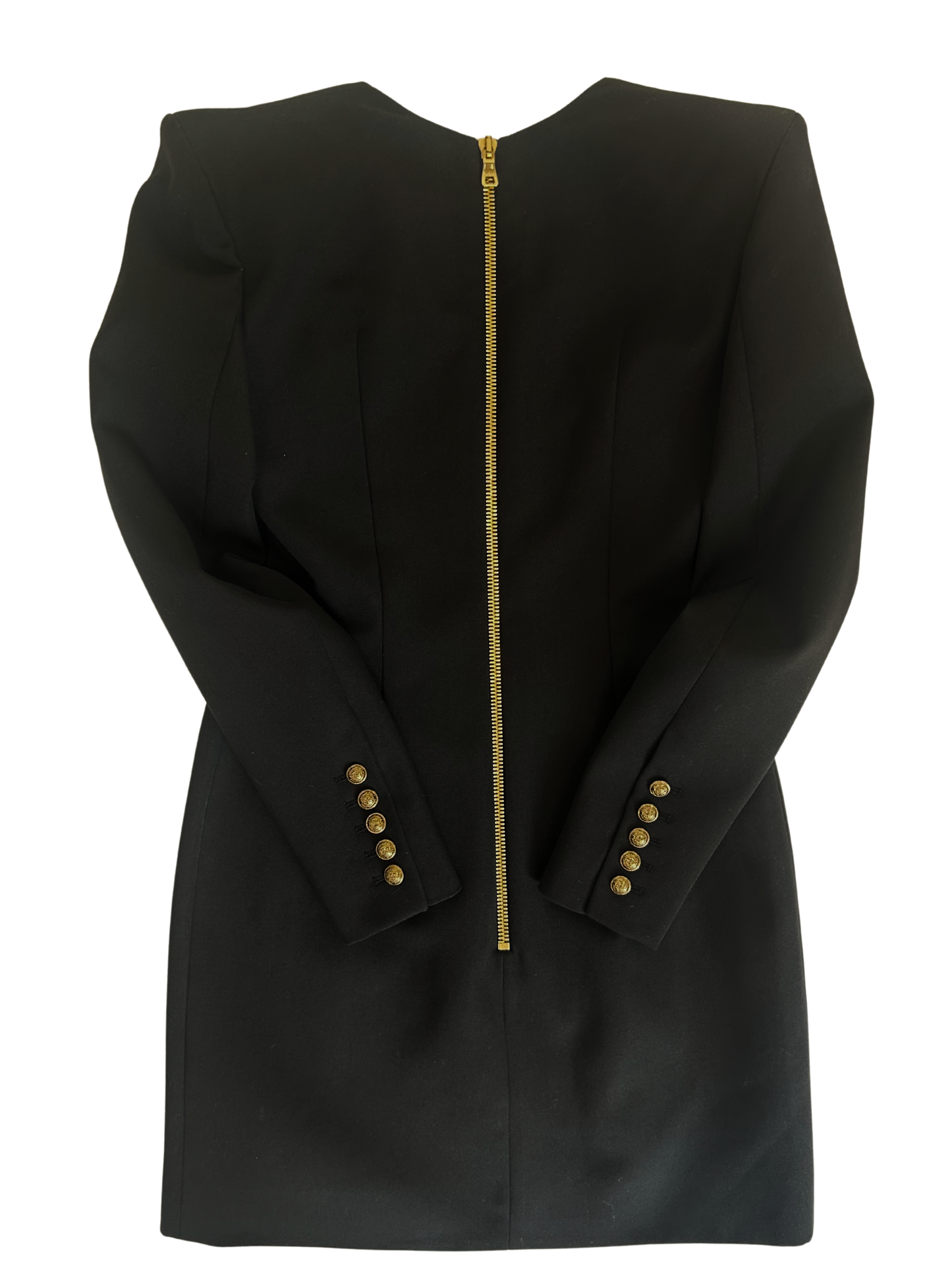Balmain Black Wool Gold Logo Button Mini Dress