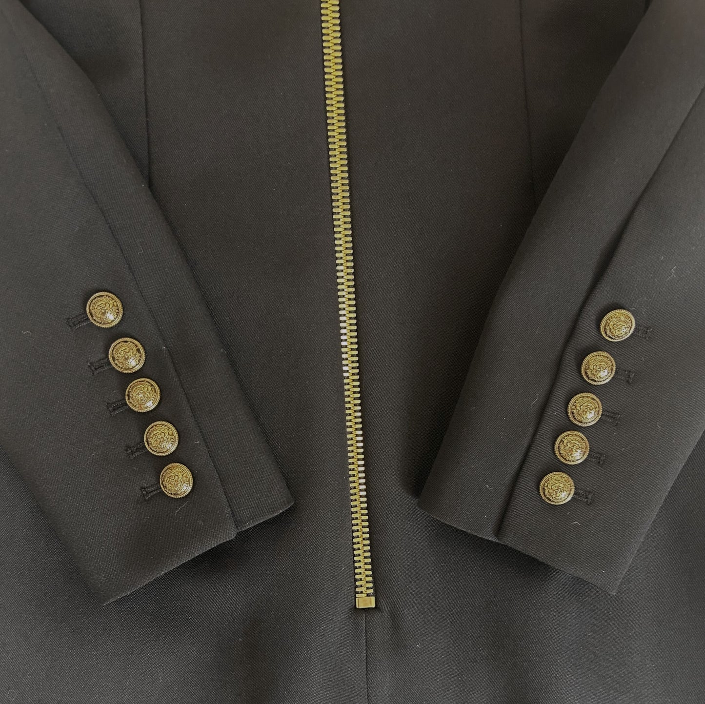 Balmain Black Wool Gold Logo Button Mini Dress