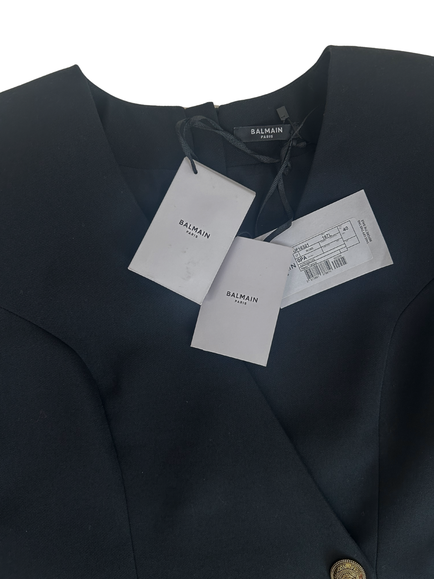 Balmain Black Wool Gold Logo Button Mini Dress