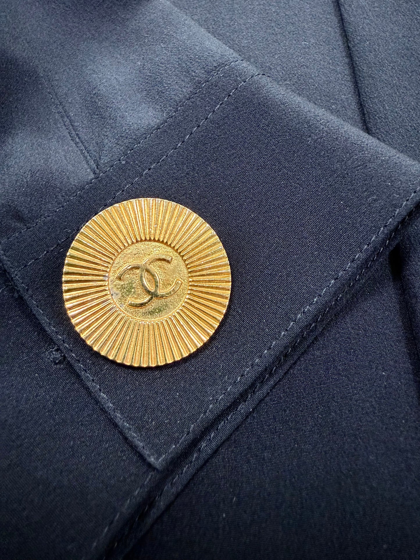 Chanel Vintage Black Silk Georgette Box Pleat Blouse with Gold Logo CC Buttons