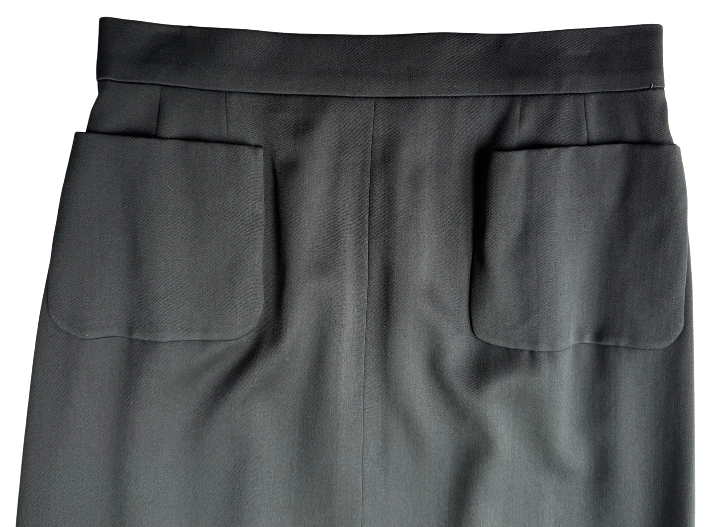 Chanel Vintage 1980s Black Cotton Sateen Midi Skirt with Gold CC Buttons