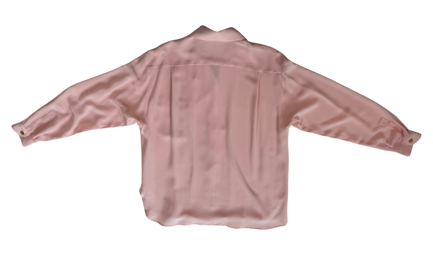 Chanel Boutique Vintage Logo Embroidered Pale Pink Silk Blouse