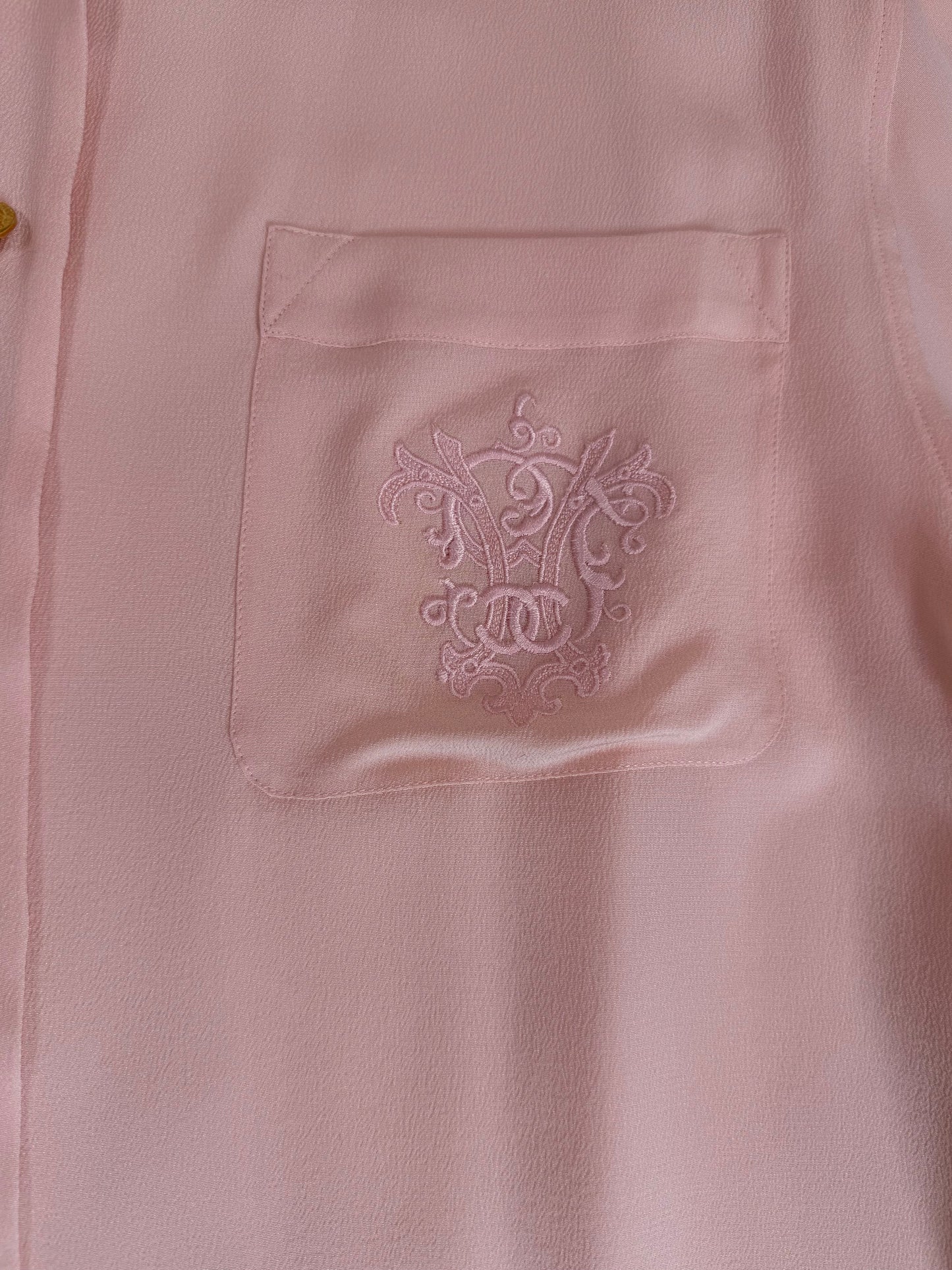 Chanel Boutique Vintage Logo Embroidered Pale Pink Silk Blouse