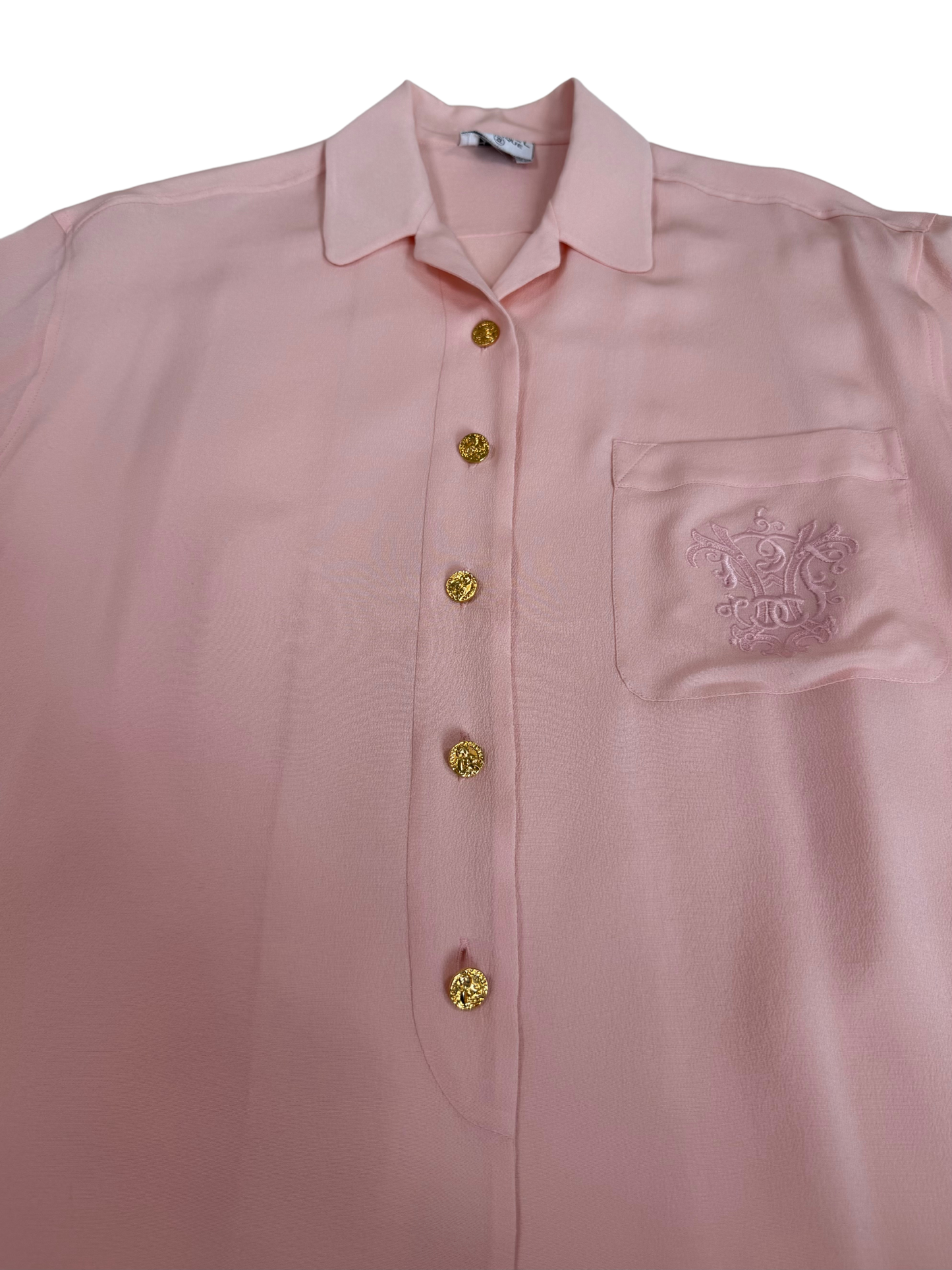 Chanel Boutique Vintage Logo Embroidered Pale Pink Silk Blouse