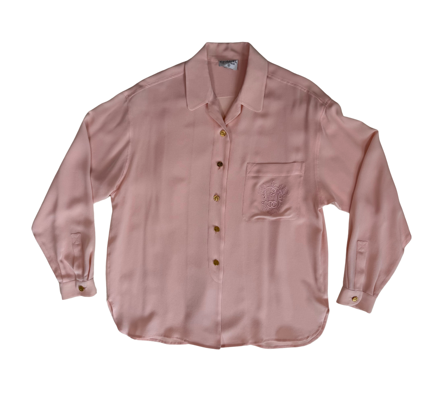 Chanel Boutique Vintage Logo Embroidered Pale Pink Silk Blouse