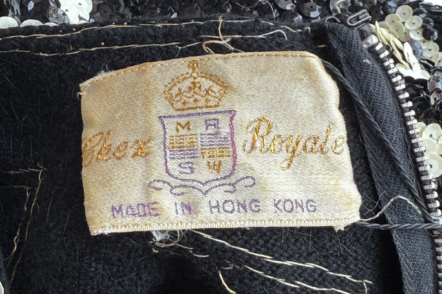 Vintage 1960s Chez Royale Black & White Sequin Zig-Zag Gown