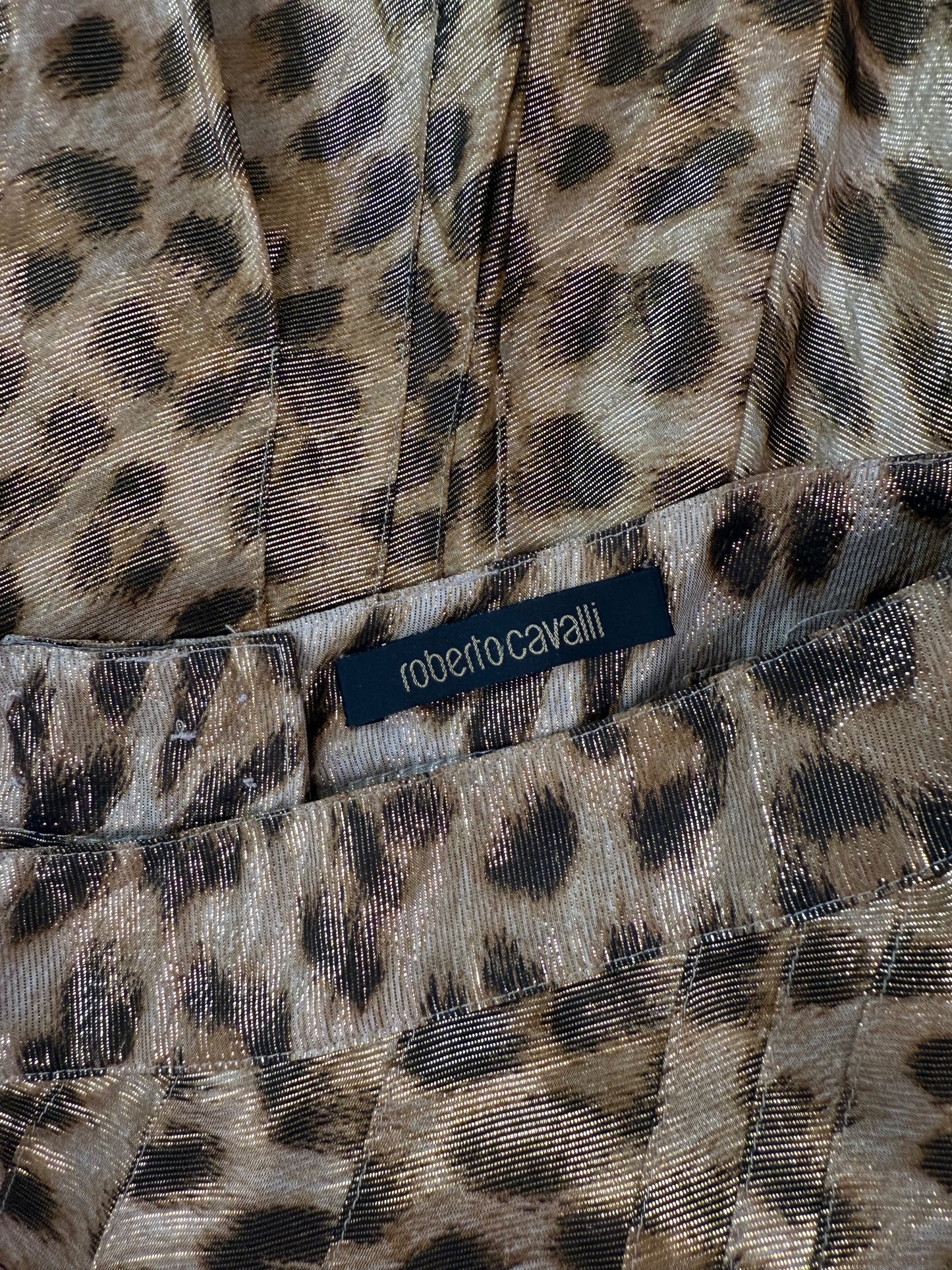 Roberto Cavalli Metallic Leopard Print Silk Midi Skirt