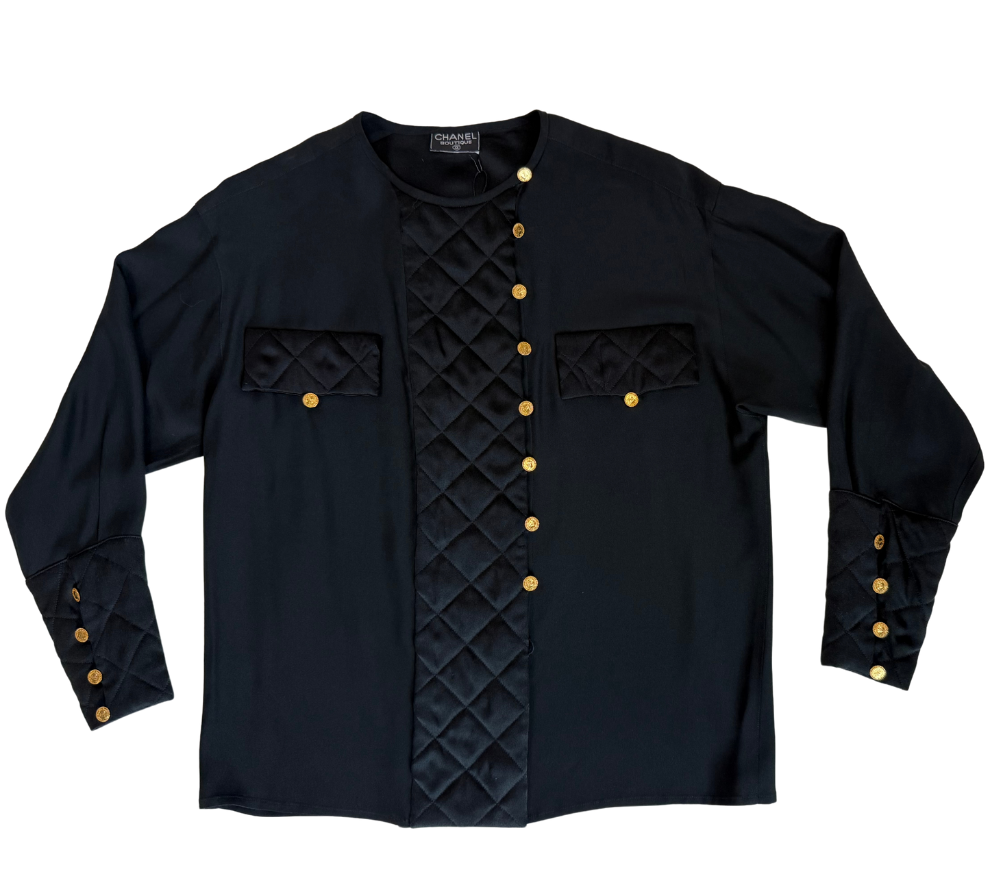 Chanel Vintage 90's Black Silk Collarless Blouse