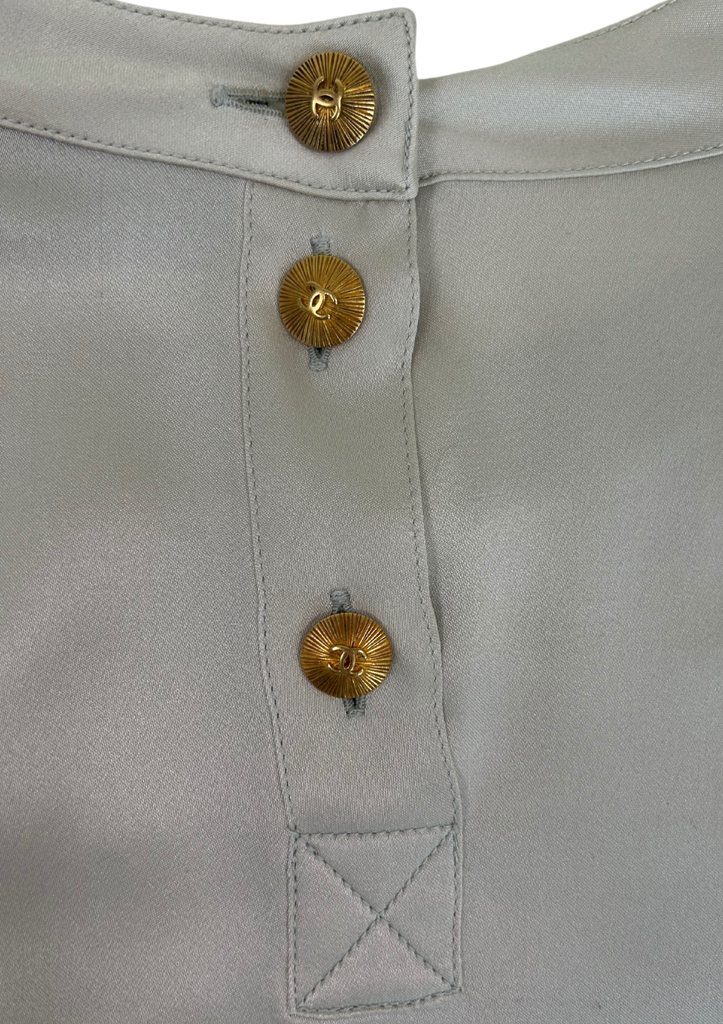 Chanel Vintage Collarless Dove Grey Silk Blouse