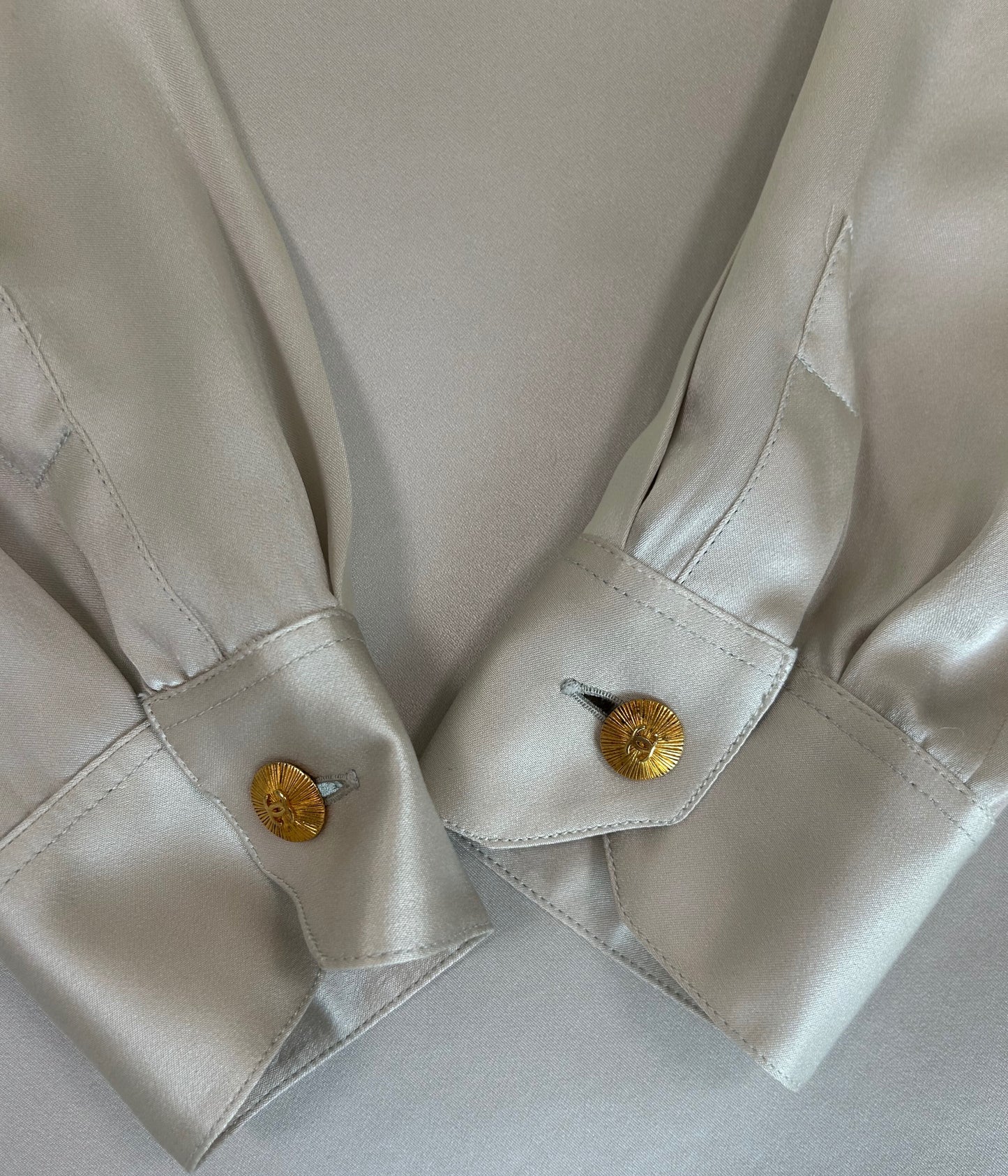 Chanel Vintage Collarless Dove Grey Silk Blouse