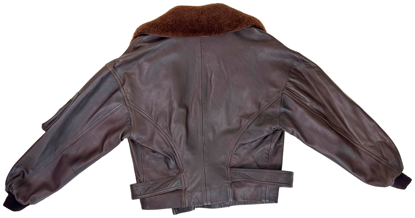 Vintage DKNY Brown Leather Aviator Jacket with Faux Shearling Collar – 1980s/90s
