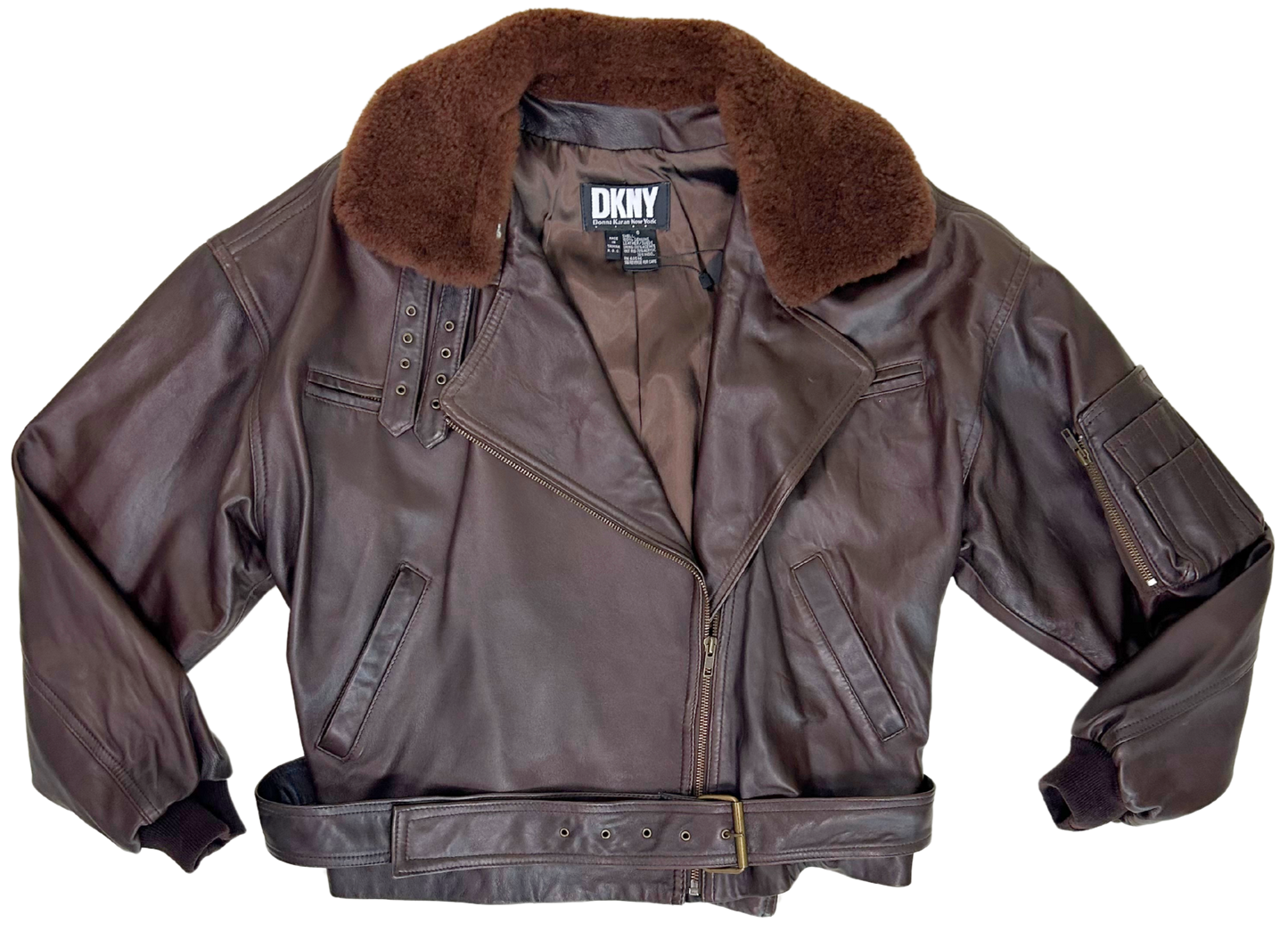 Vintage DKNY Brown Leather Aviator Jacket with Faux Shearling Collar – 1980s/90s