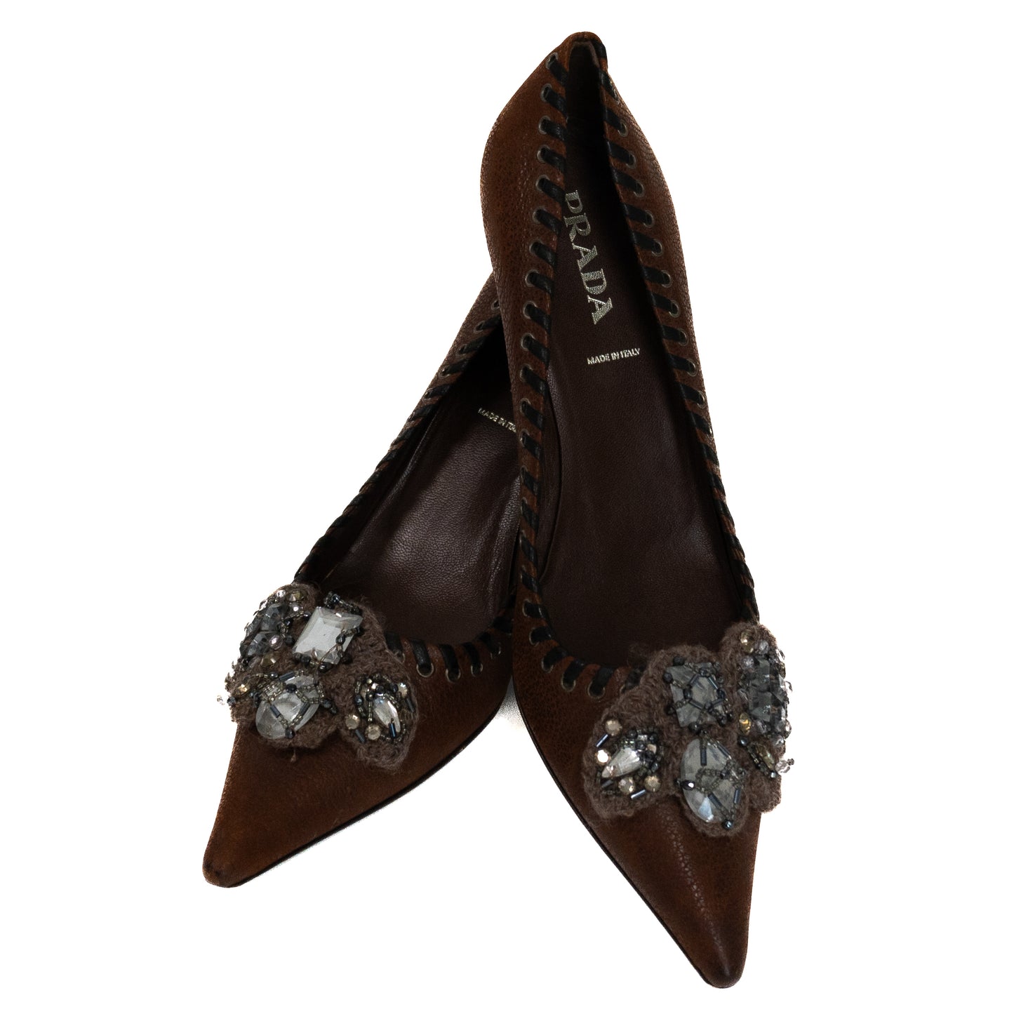 Prada Vintage Brown Leather Embellished Pumps