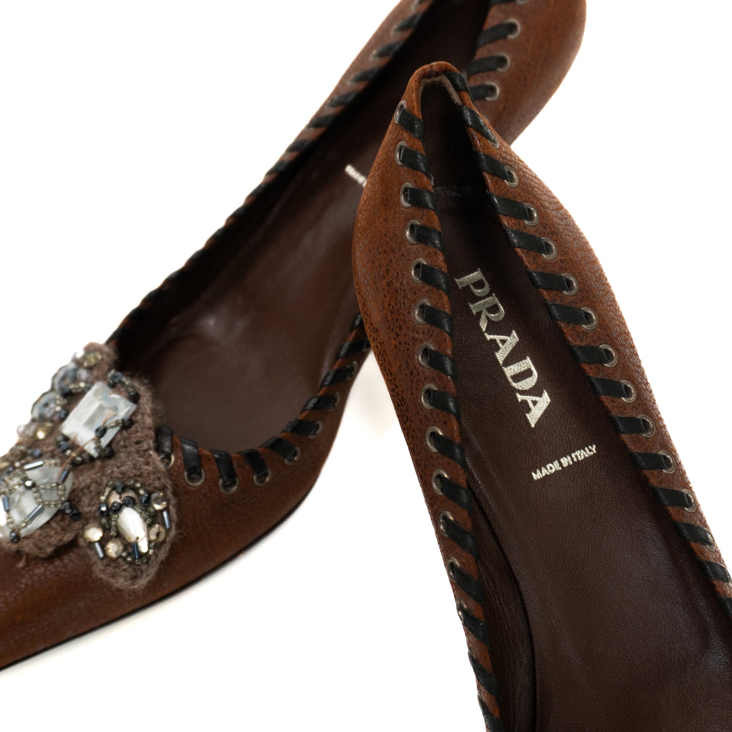 Prada Vintage Brown Leather Embellished Pumps