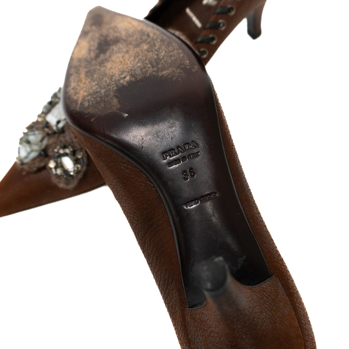 Prada Vintage Brown Leather Embellished Pumps