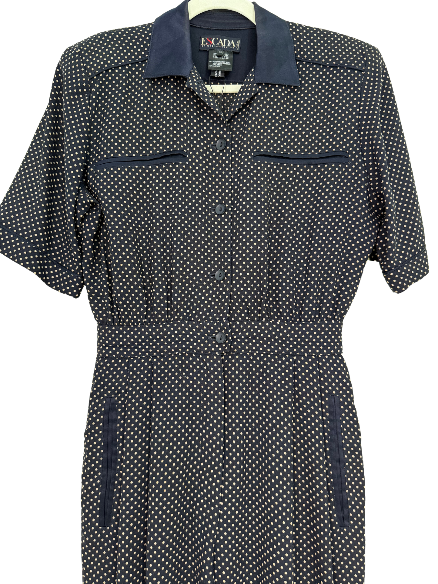 Vintage 1980s Escada by Margaretha Ley Navy Polka Dot Wool Blend Jumpsuit