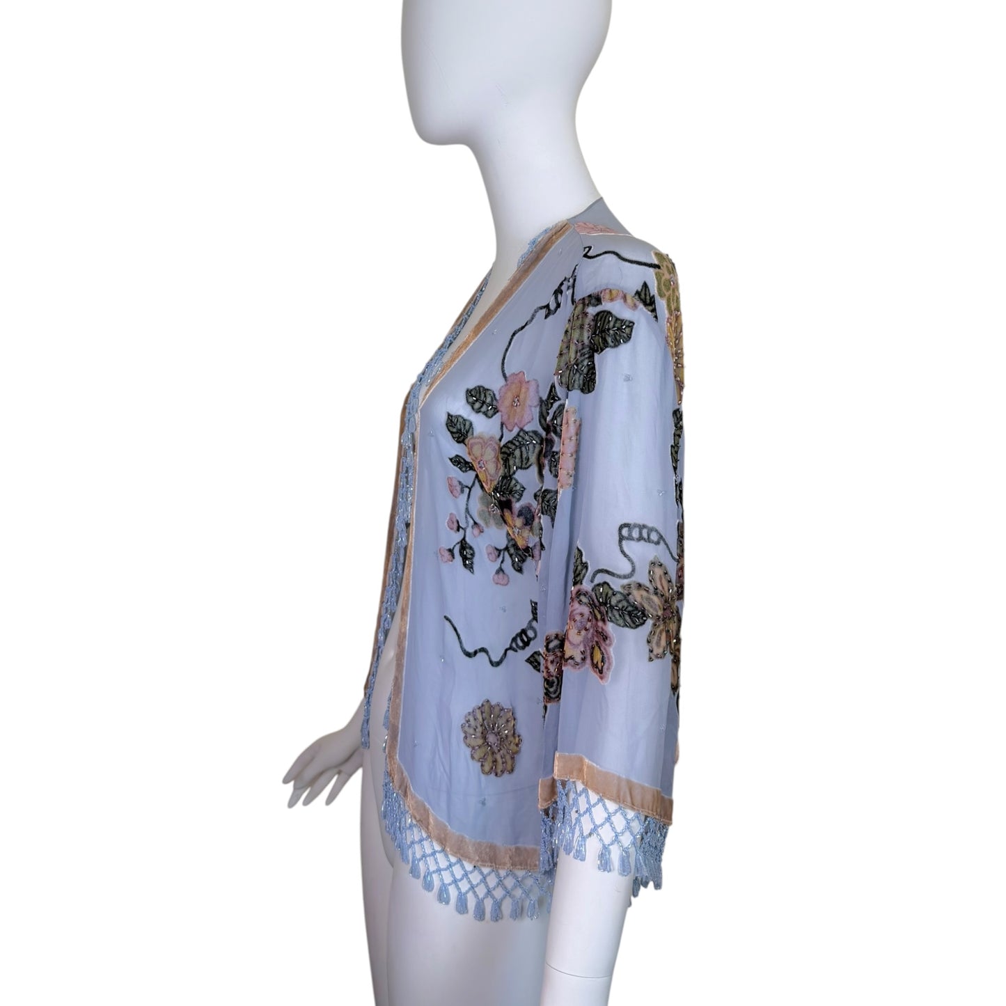 Vintage Light Blue Silk Chiffon Beaded Floral Fringe Kimono Jacket