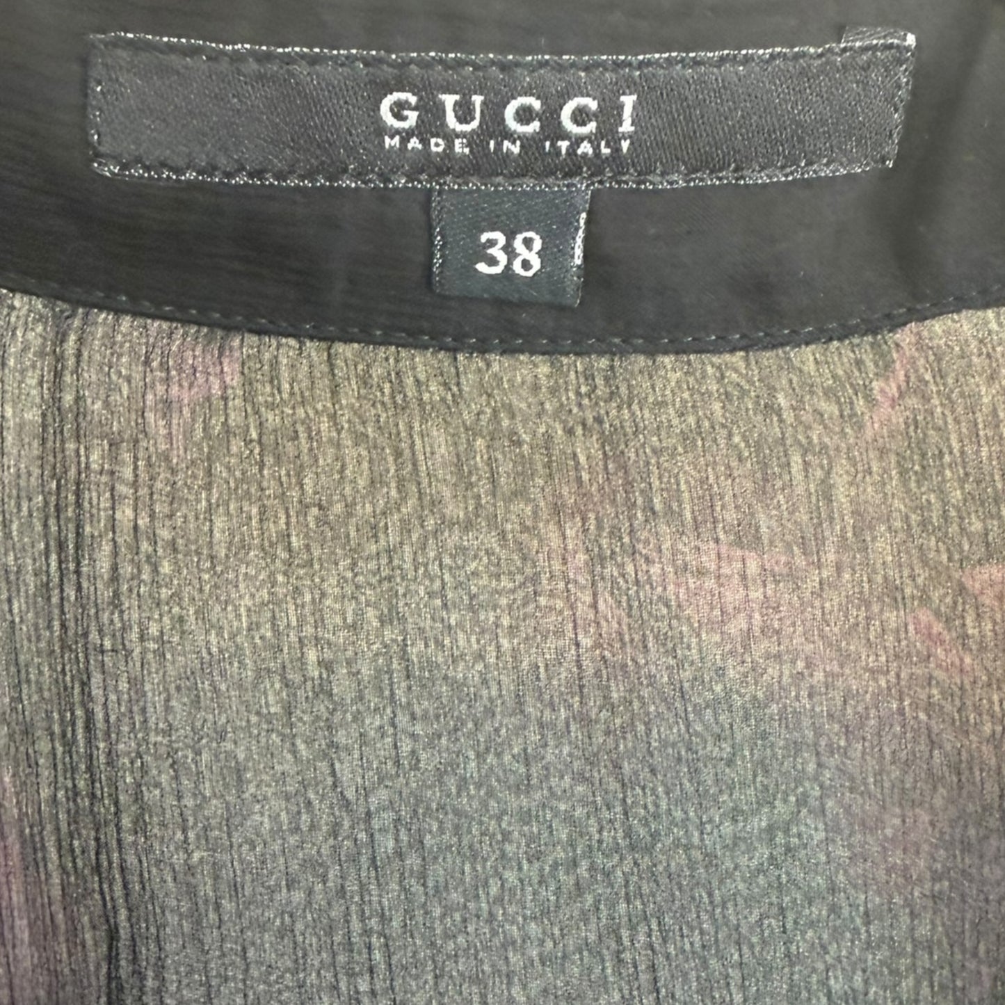 Vintage Gucci by Tom Ford Sheer Black Silk Chiffon Purple Floral Ruffle Blouse Size 38