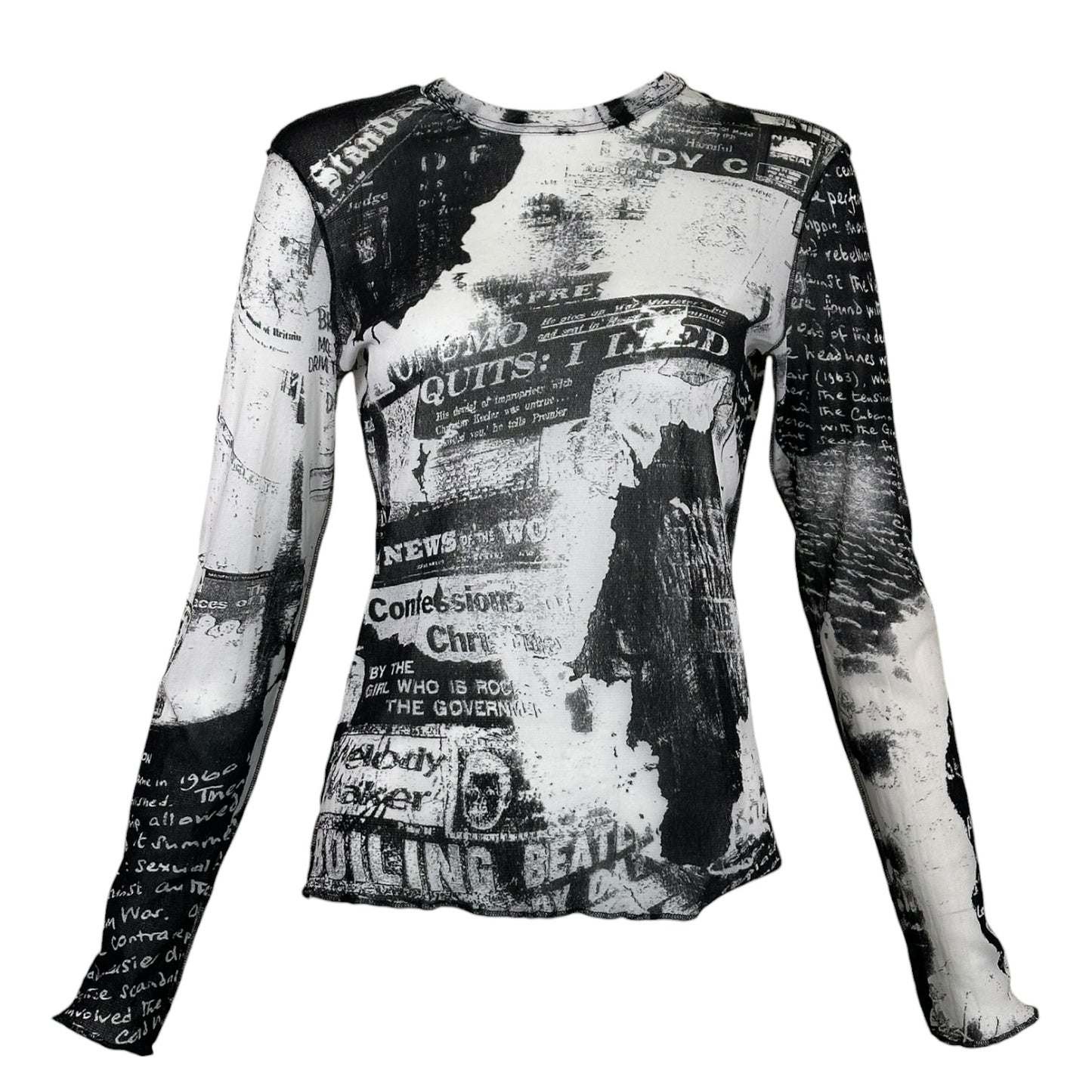 Roberto Cavalli Vintage Newspaper Galliano Style Gazette Mesh Sheer Y2K Printed Top T-Shirt Cami Tee 90s 2000s