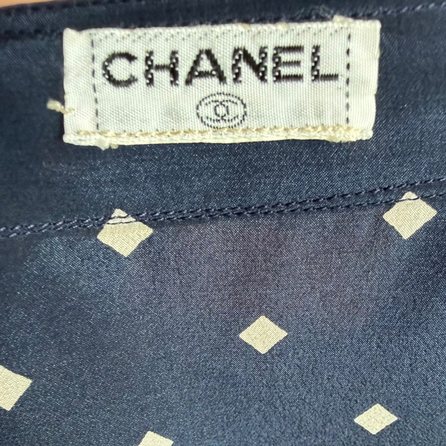 Vintage Chanel Navy Silk Diamond Print Blouse & High-Waisted Skirt Set Gold CC Logo Buttons
