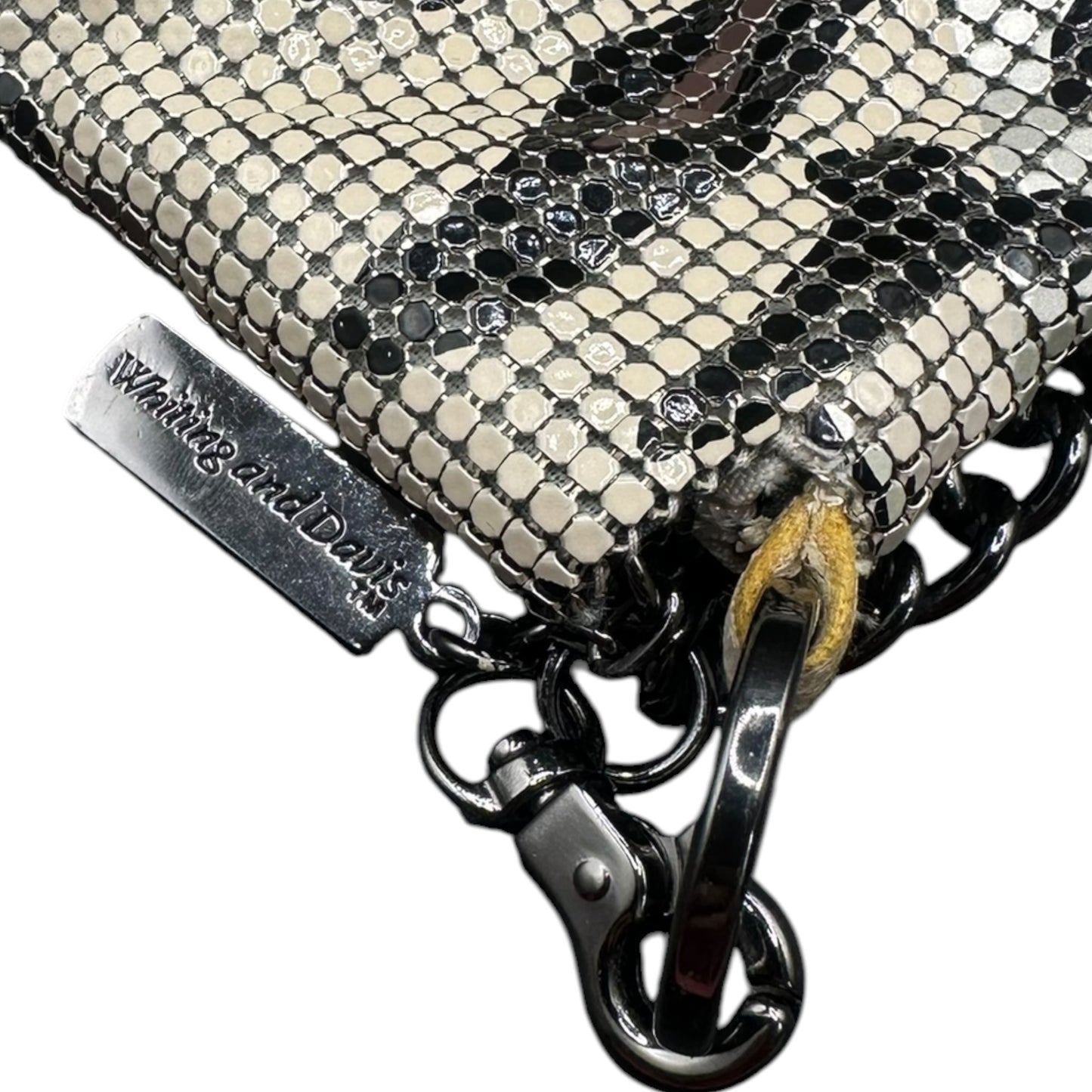 Whiting and Davis camo mesh fringe bag, label close-up