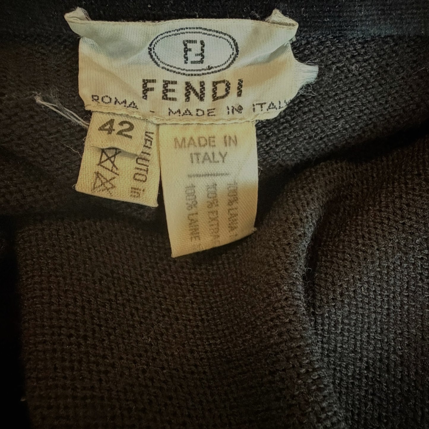 Vintage Fendi 1980s Black Wool Knit Sweater with Velvet Collar & Covered Buttons, Size 42