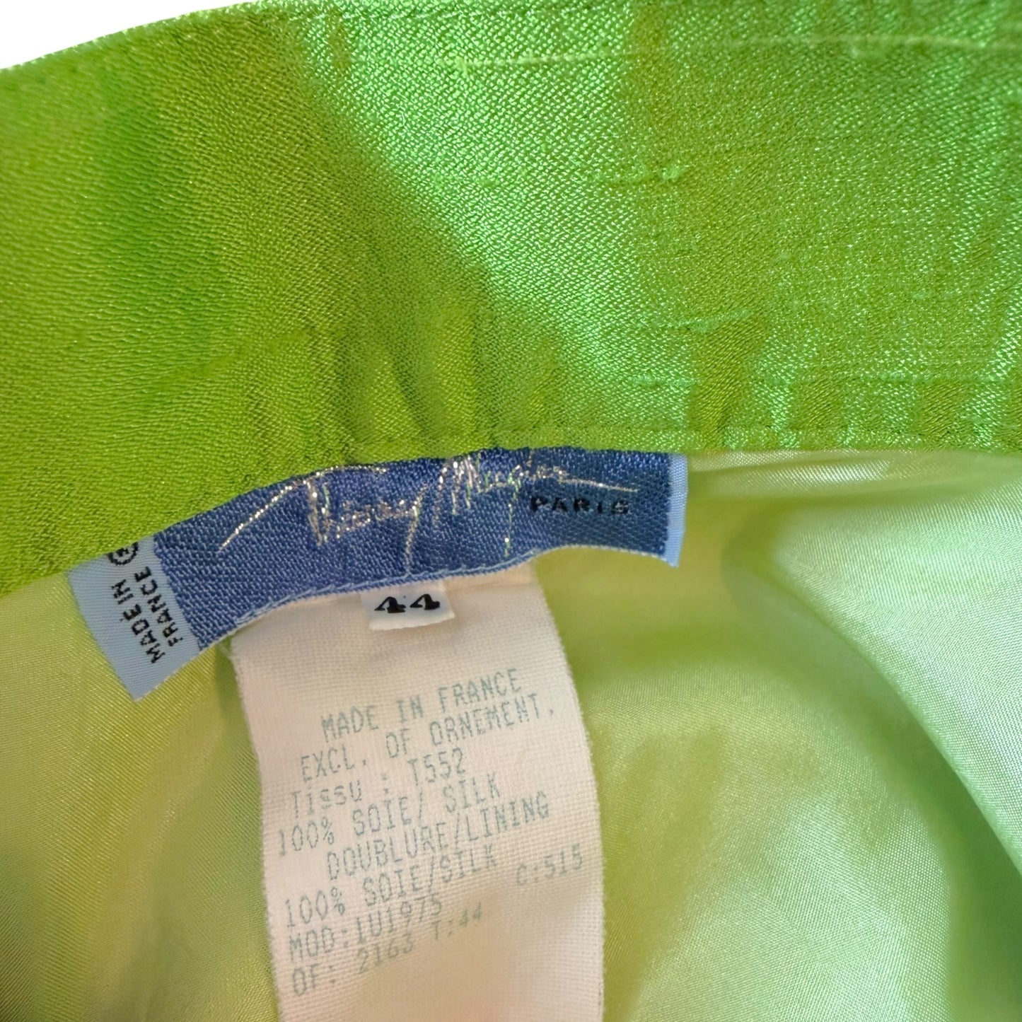 Vintage Thierry Mugler 1990s Lime Green Silk Architectural Vest & Pant Set - Size 44