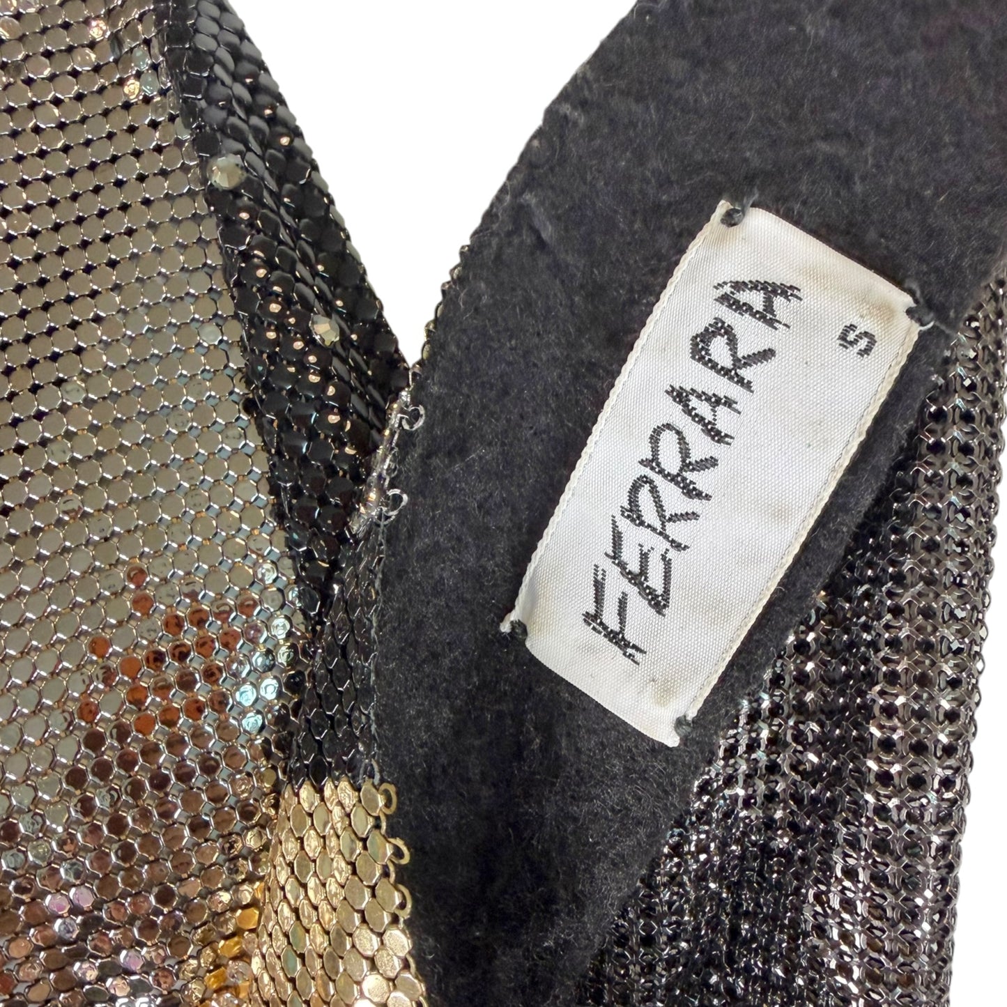 Vintage Ferrara for Whiting & Davis Metallic Mesh Sequin Halter Cowl Top in Black, Gold & Silver – Size S