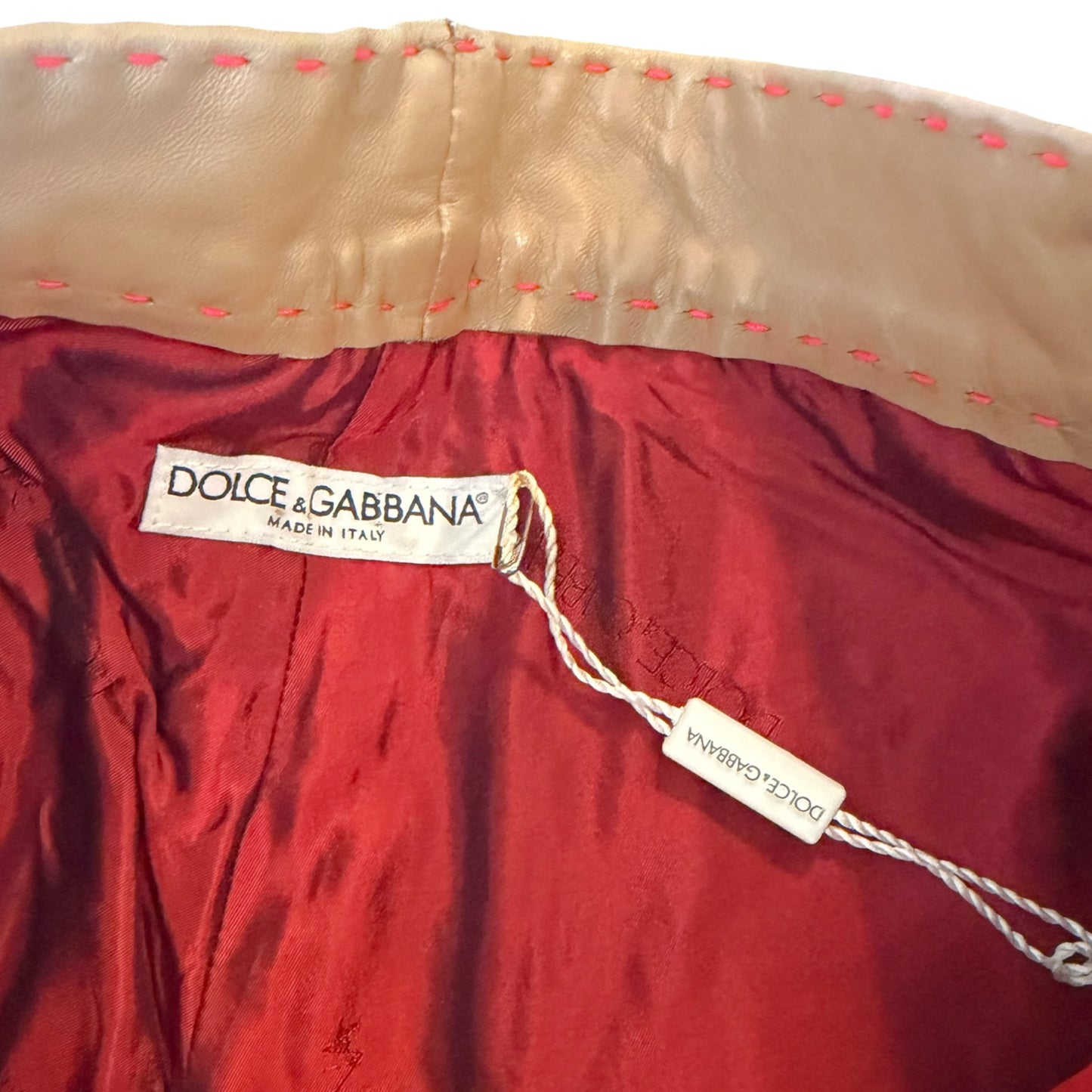 Vintage 1990s Dolce & Gabbana NWT Taupe Leather Pants with Contrast Red Topstitching | Size 10