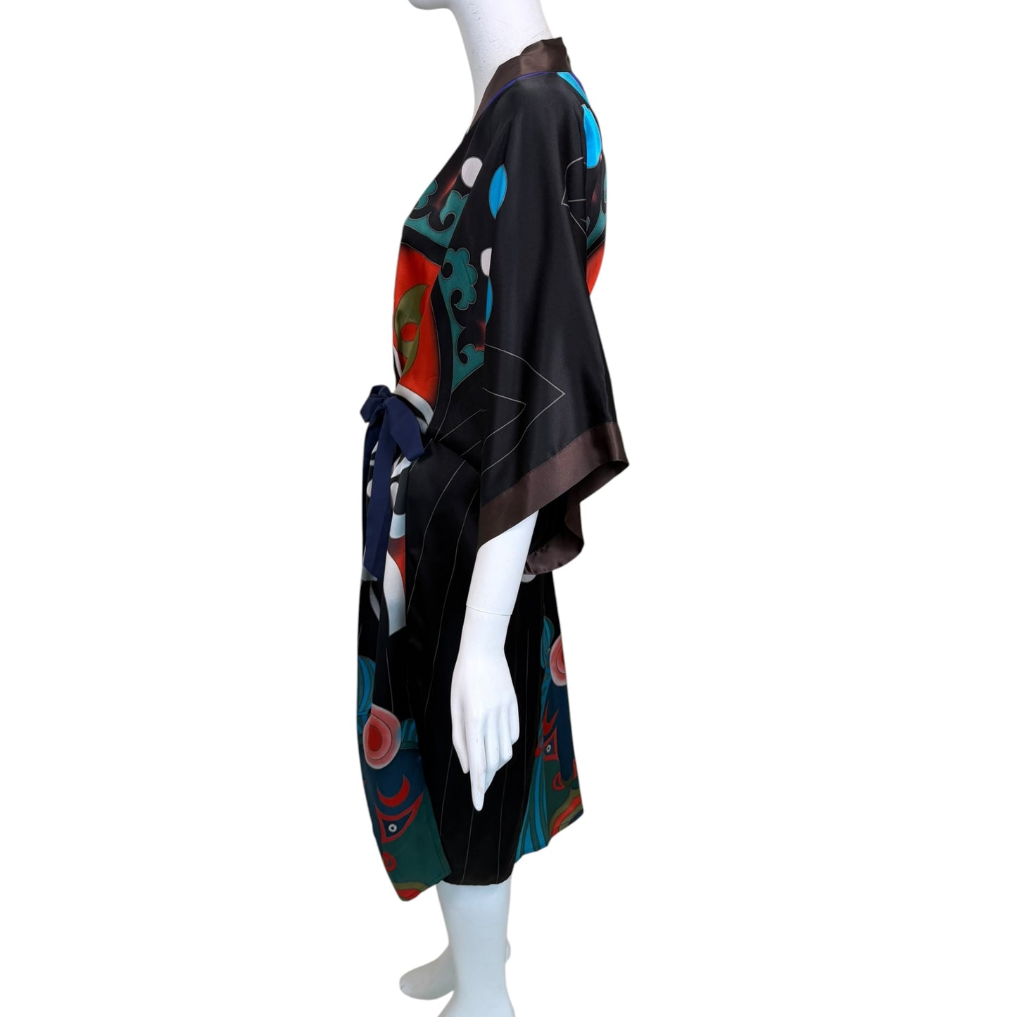 Vintage Zhuang’s Art's Studio Hand-Painted Silk Kimono Robe | Colorful Opera Mask Print