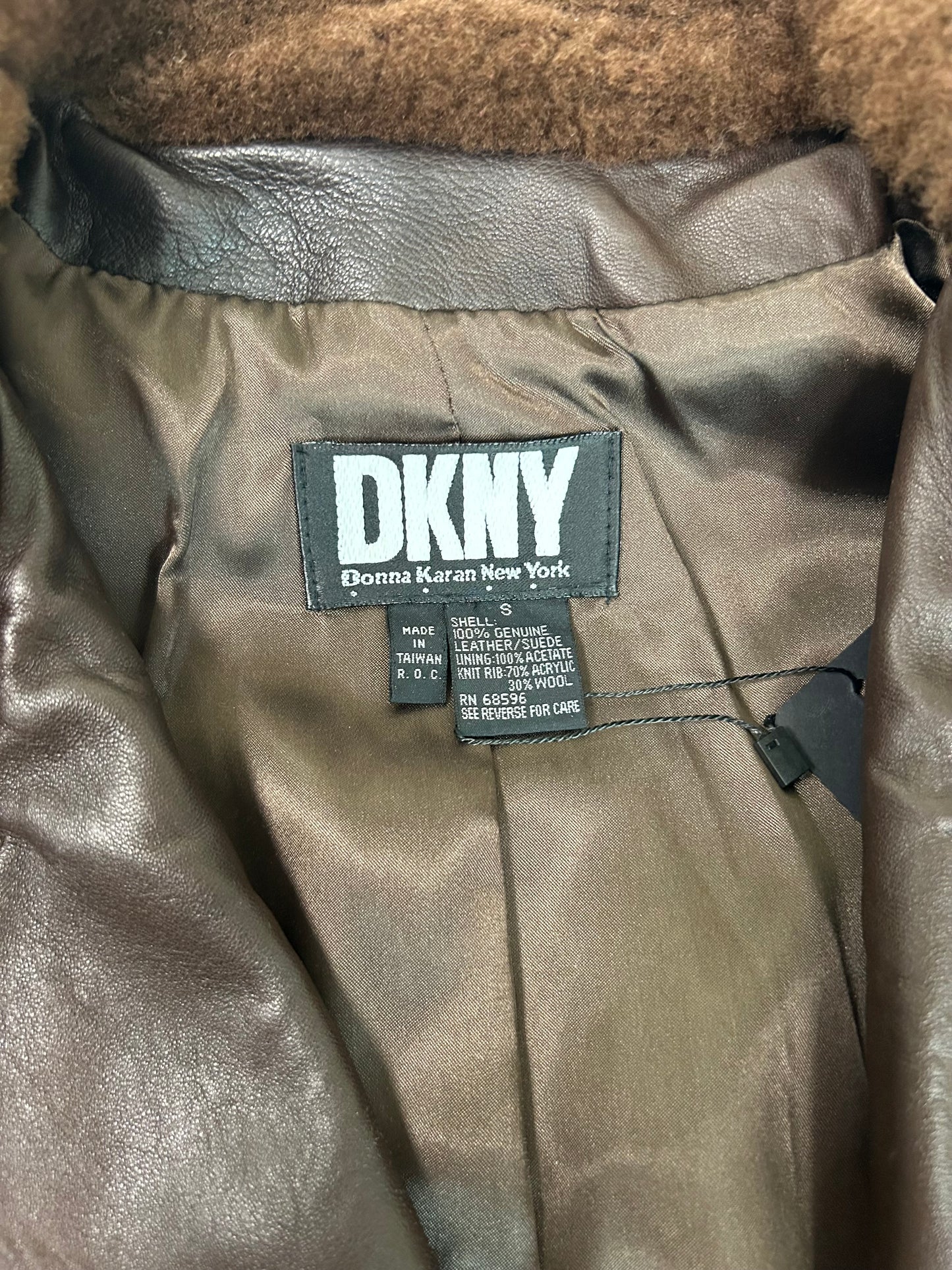 Vintage DKNY Brown Leather Aviator Jacket with Faux Shearling Collar – 1980s/90s