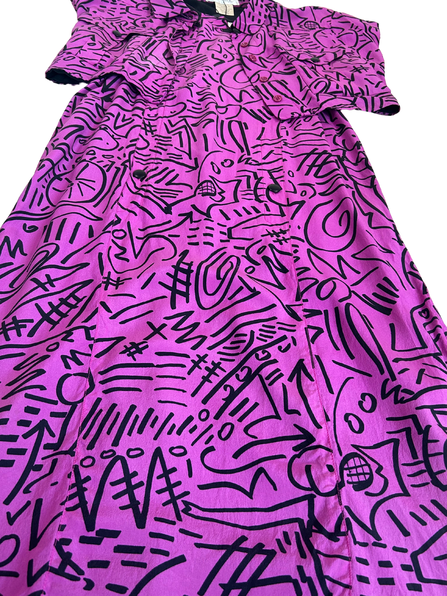 Karl Lagerfeld Vintage 1980's Purple and Black Abstract Print Silk Midi Dress and Cropped Jacket