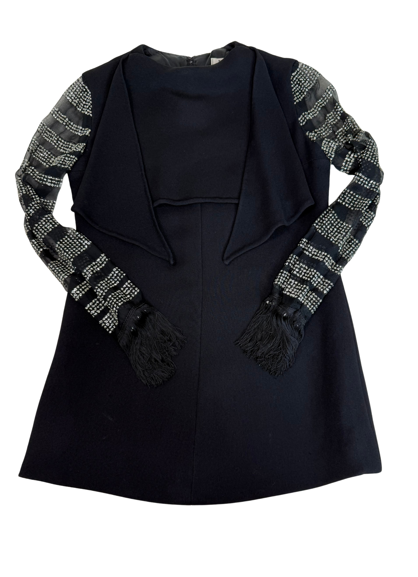 Lanvin Vintage 1970's Black Chiffon Striped Sequin and Fringed Knit Evening Blouse