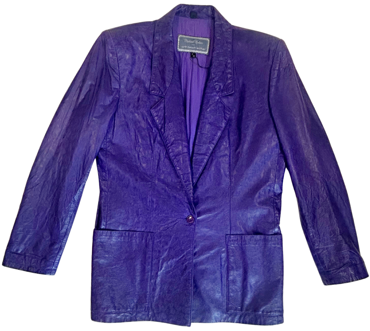 Michael Hoban for North Beach Leather Vintage 1980s Purple Embossed Paisley Leather Jacket