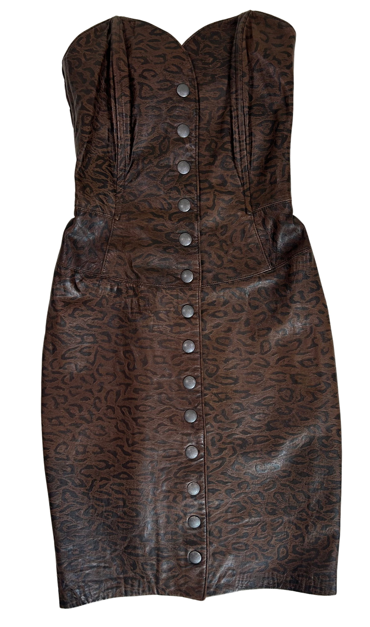 Michael Hoban Vintage 80's Leopard Print Leather Bustier Fitted Midi Dress