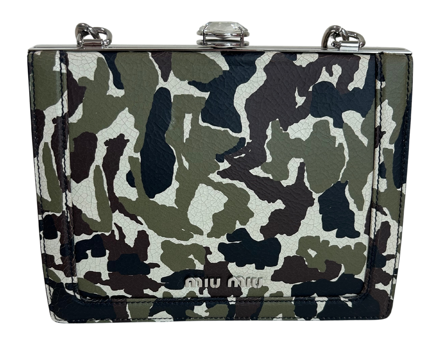 Miu Miu Camouflage Print Leather Crystal Top Handbag