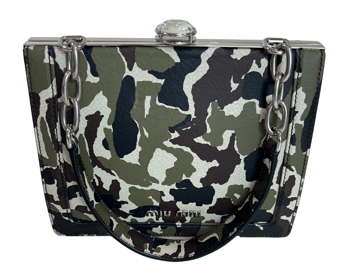 Miu Miu Camouflage Print Leather Crystal Top Handbag