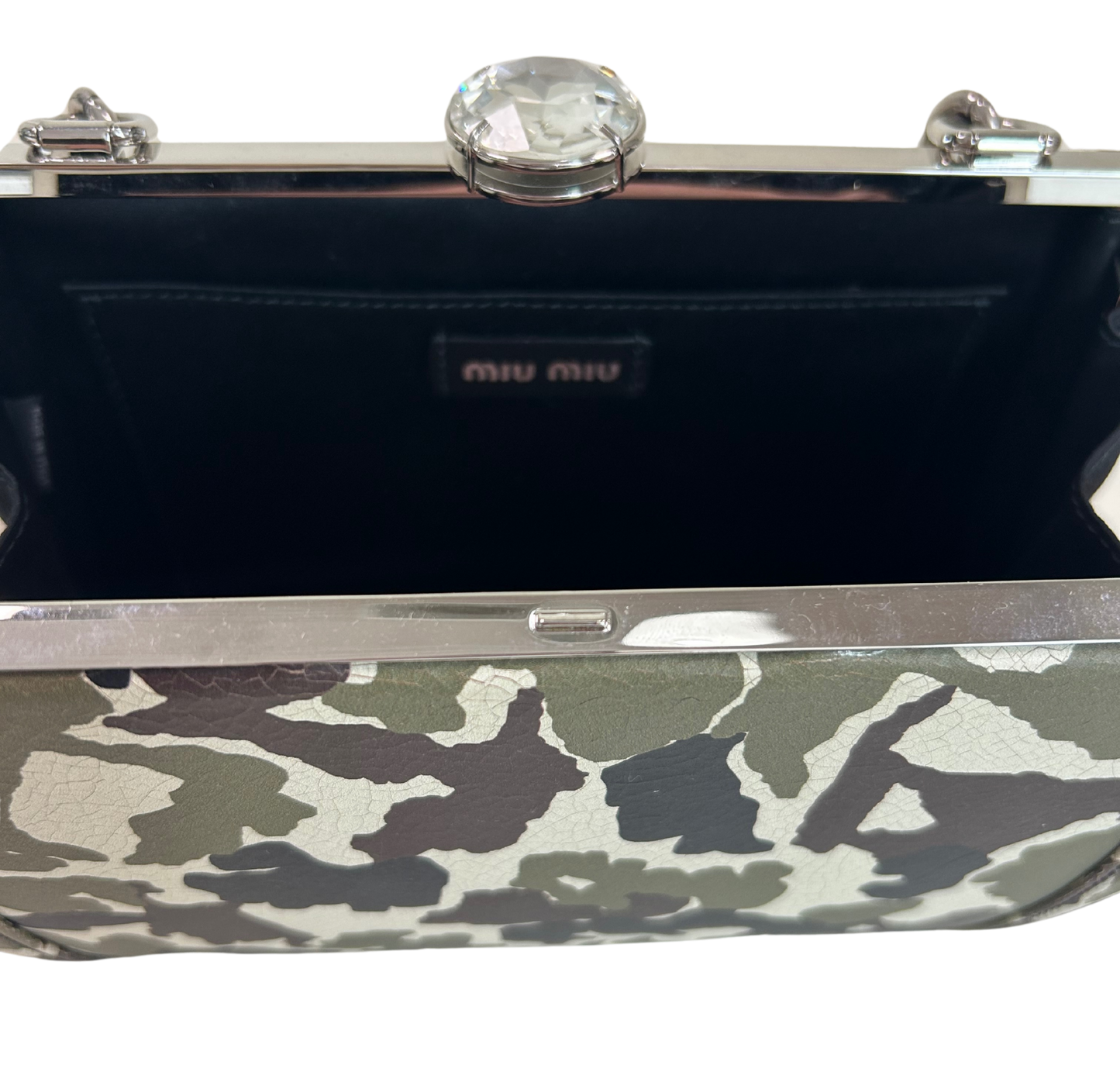 Miu Miu Camouflage Print Leather Crystal Top Handbag