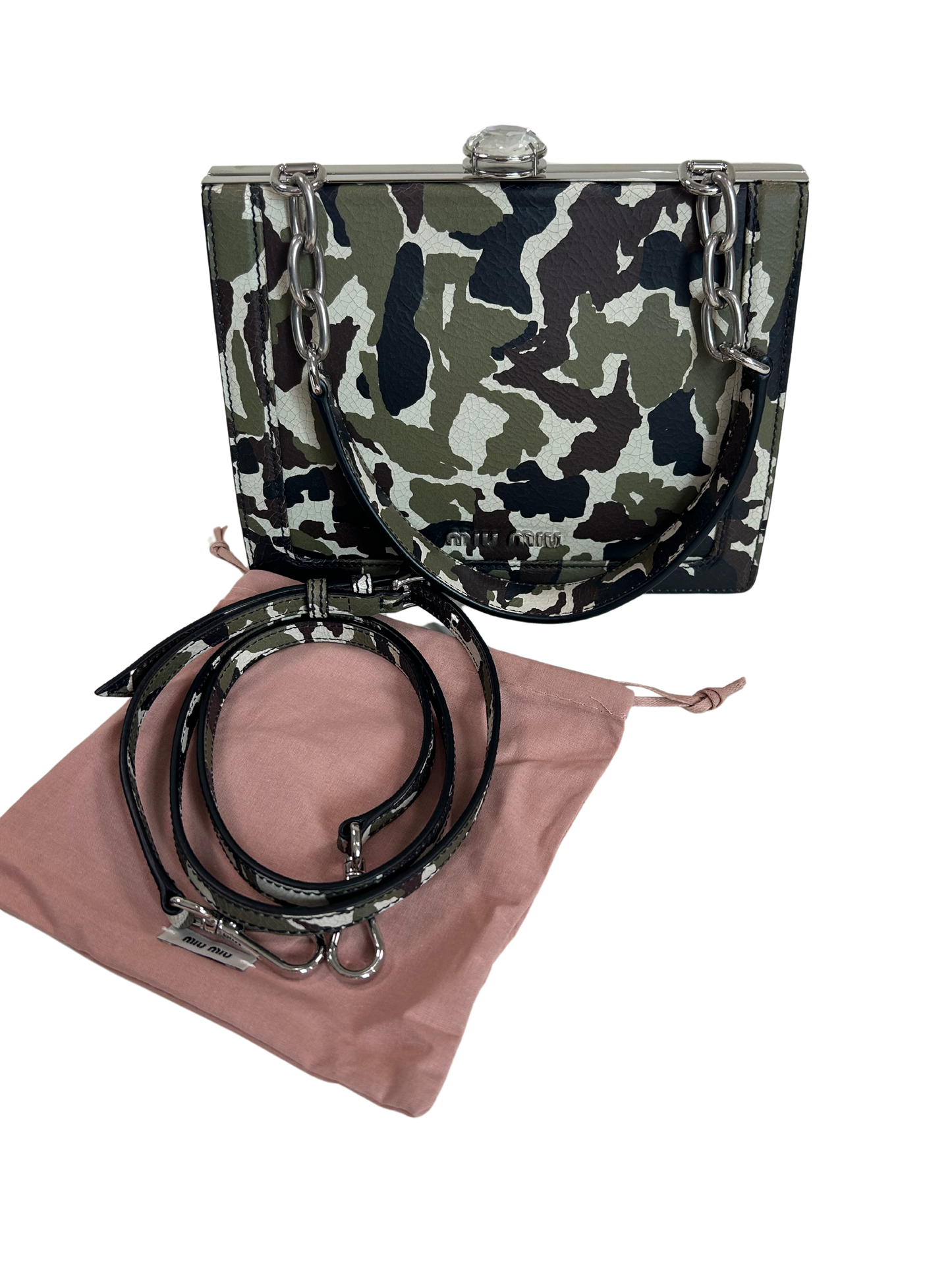 Miu Miu Camouflage Print Leather Crystal Top Handbag