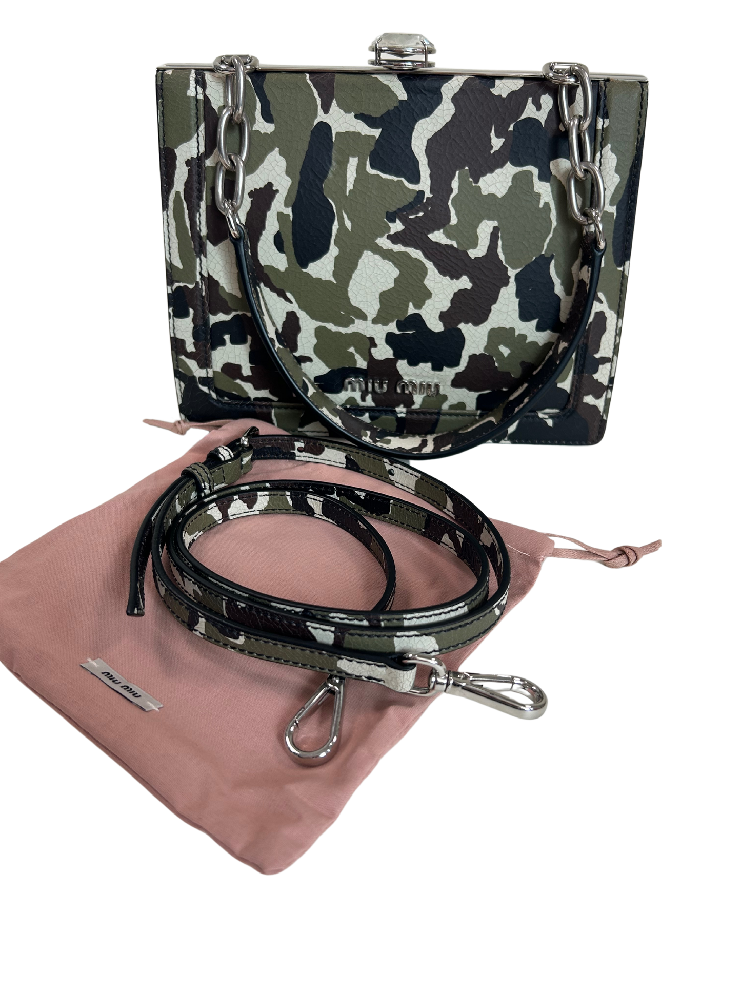 Miu Miu Camouflage Print Leather Crystal Top Handbag