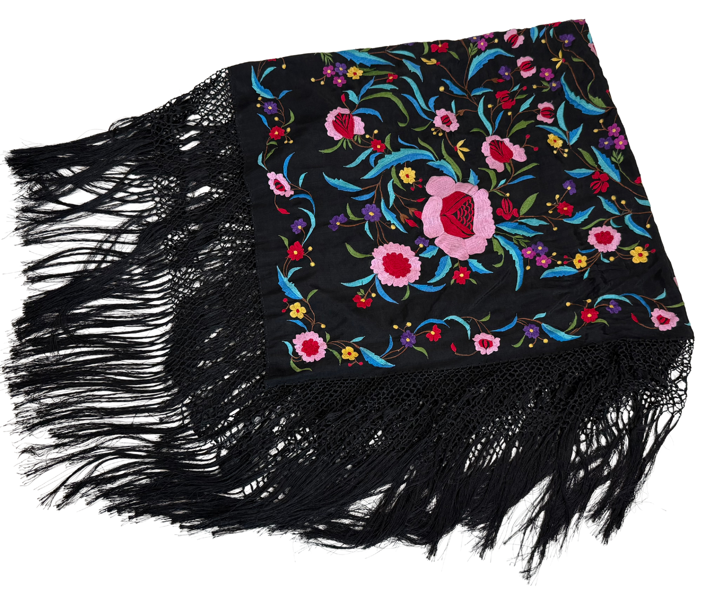 Oscar De La Renta Vintage 1990s Black Floral Embroidered Fringed Piano Shawl
