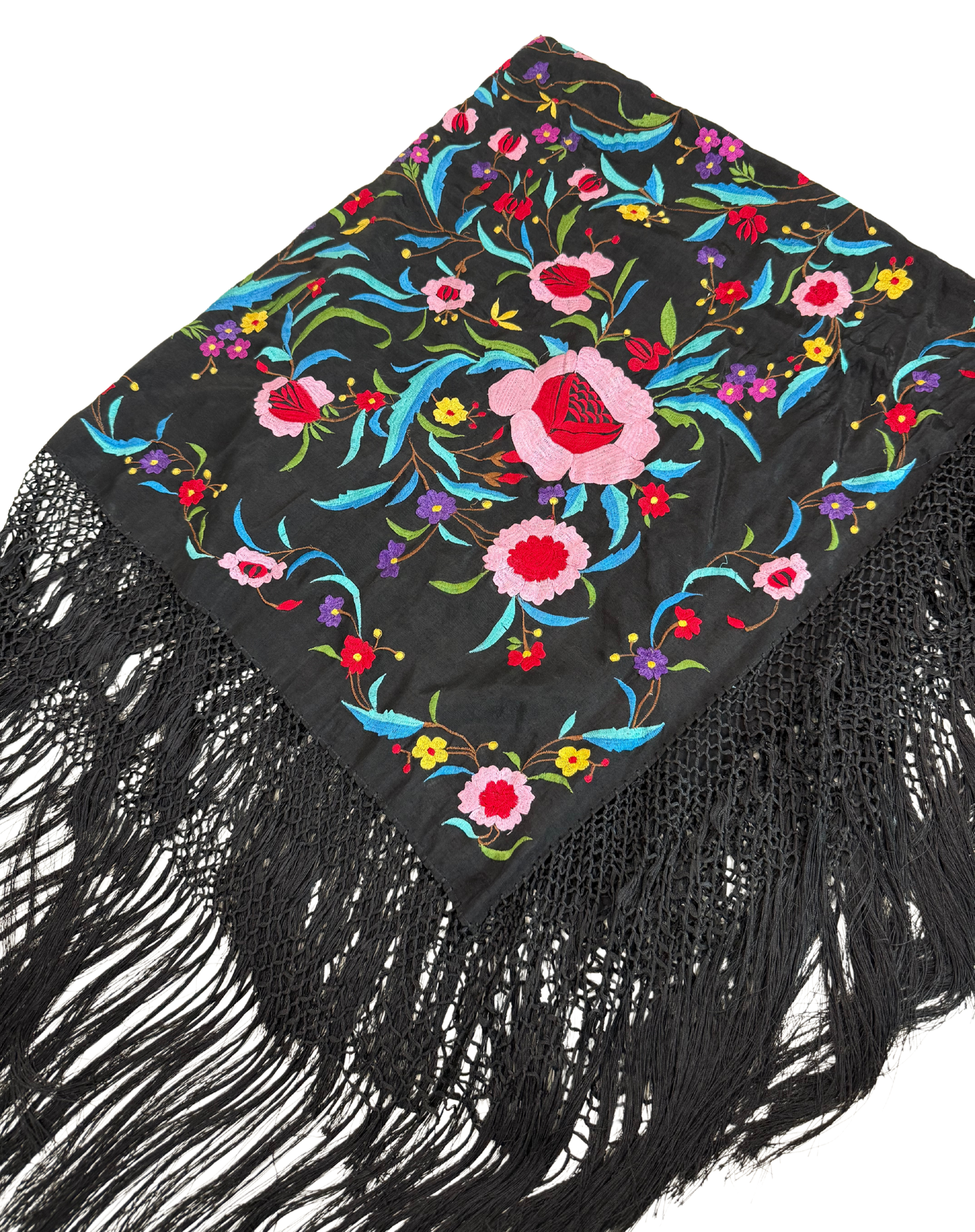 Oscar De La Renta Vintage 1990s Black Floral Embroidered Fringed Piano Shawl