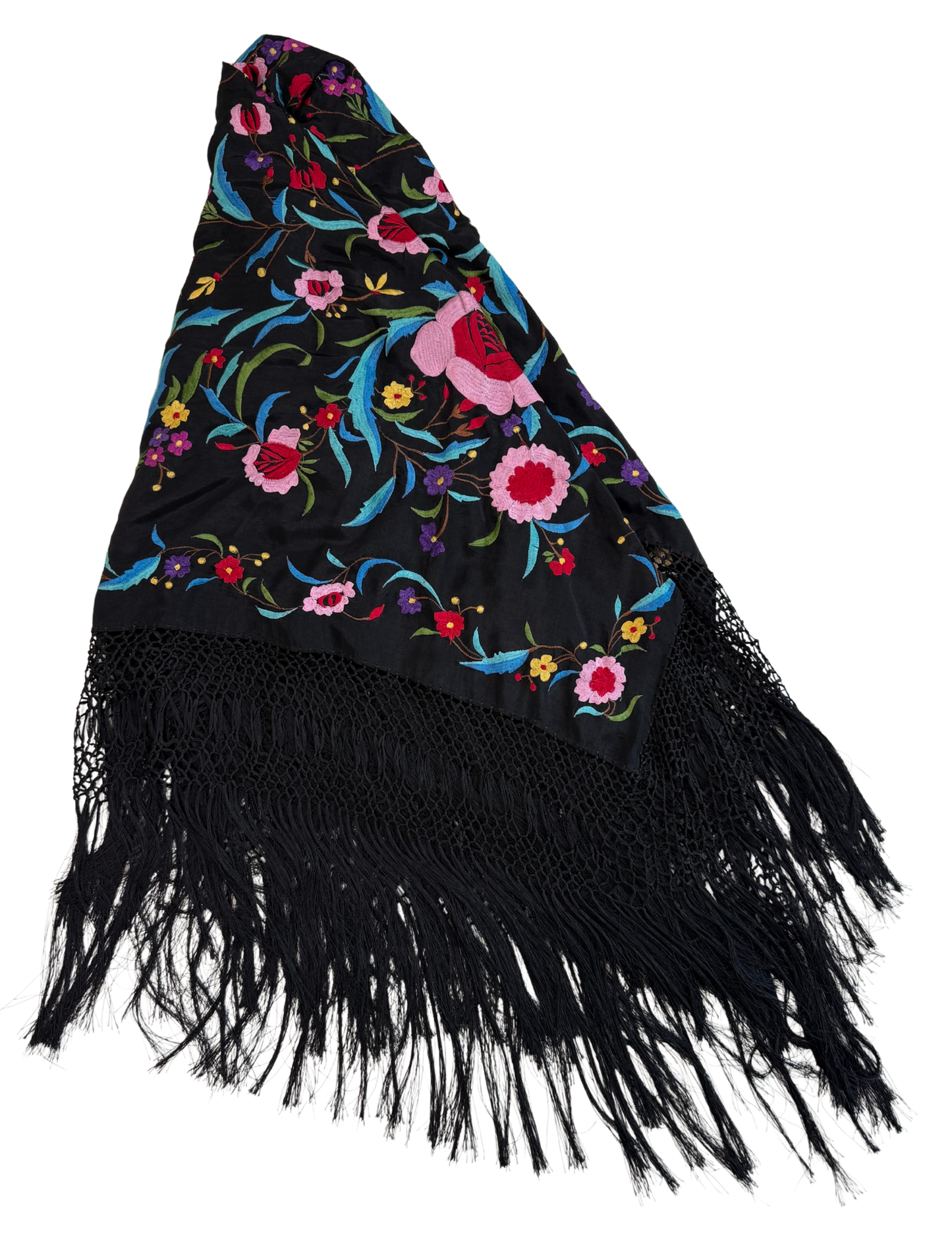 Oscar De La Renta Vintage 1990s Black Floral Embroidered Fringed Piano Shawl