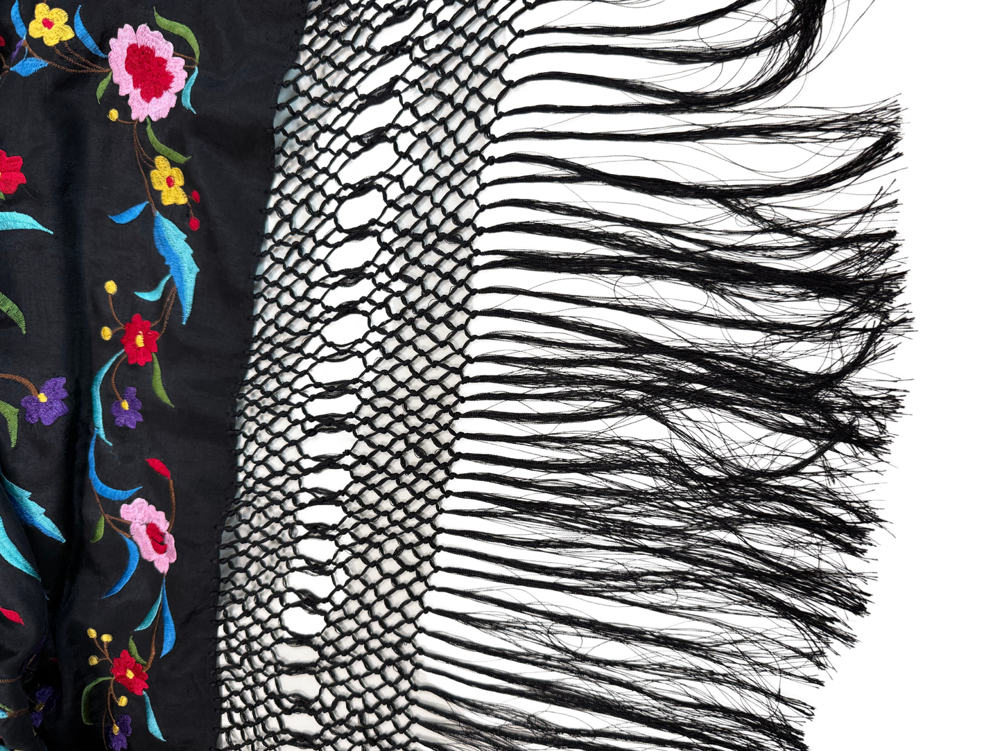 Oscar De La Renta Vintage 1990s Black Floral Embroidered Fringed Piano Shawl