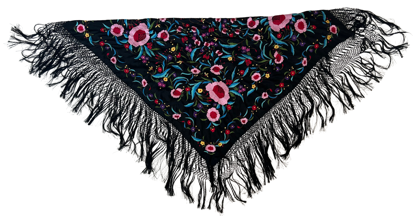 Oscar De La Renta Vintage 1990s Black Floral Embroidered Fringed Piano Shawl